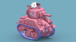 Cartoon kitten American Purrrman Tank ww2, stylised, sherman, tank, hellokitty, cartoon, vehicle, war