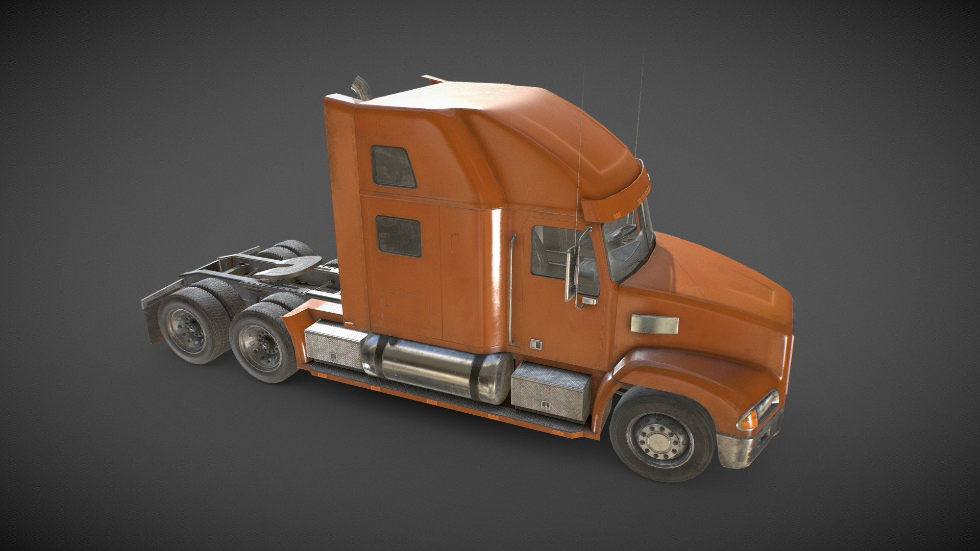 Low Poly 3D model of an Orange Semi Truck Tractor with sleeper cab:

The model is low poly (36.071 Tris), gameready and has cabin doors and wheels ready to rig/animate (not animated):


Real-world scale and centered.
The unit of measurement used for the model is centimeters
Polys: 18.562 (Converted to triangles: 36.071)
Cabin interior fully modeled and textured.
All Doors, wheels, and steering wheel can be easily rigged/animated.
PBR textures made in Substance Painter
All branding and labels are custom made.
Average texel density:  674 px/m
Second uv channel included for lightmaps.
Packed ORM tectures included for Unreal.

Maps sizes: 


Body: 4096
Chassis: 4096
Interior: 4096
Wheels: 2048
Windows: 1024

Provided Maps:


Albedo
Normal
Roughness
Metalness
AO
Opacity included in Albedo (windows)
Emissive

Formats Incuded - MAX / BLEND / OBJ / FBX 

This model can be used for any game, film, personal project, etc. You may not resell or redistribute any content - Semi Truck Tractor - Orange - Low Poly - Buy Royalty Free 3D model by MSWoodvine 3d model