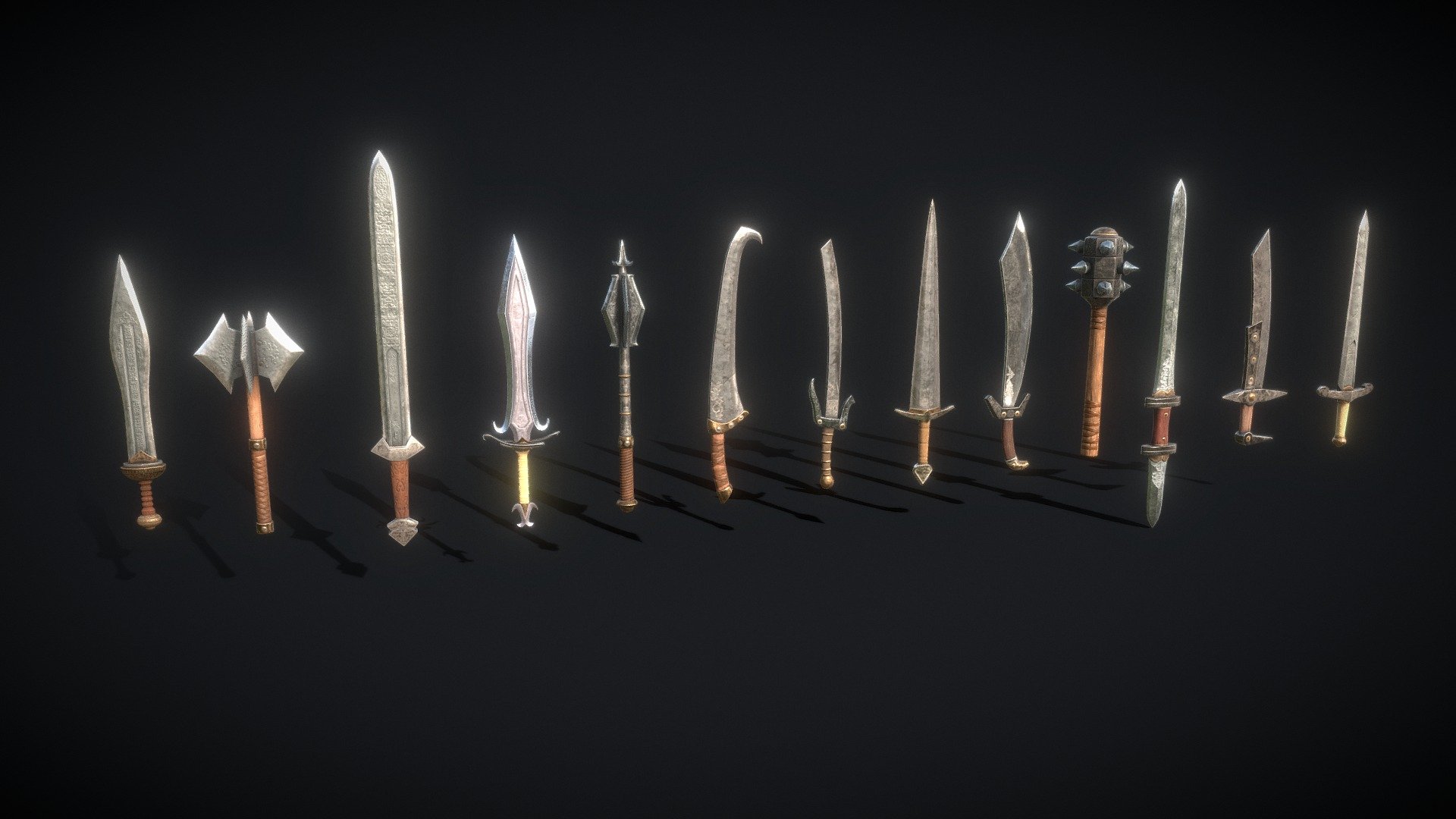 One-handed swords and maces in excellent quality!

The set contains 13 objects.

Each object has PBR textures with a resolution of 2048x2048

Total polygons (triangles): 14406

SM_Comdat sword - 752 tris

SM_Curved_sword - 1054 tris

SM_Dagesse - 1084 tris

SM_Double_sword - 840 tris

SM_Elf sword - 2988 tris

SM_Gladius - 1548 tris

SM_Great_mace - 1184 tris

SM_Havy_Mace - 1600 tris

SM_Heavy_sword - 892 tris

SM_Hooked_sword - 562 tris

SM_Mace - 608 tris

SM_Scimitar - 636 tris

SM_Sharp_sword - 658 tris

Archives with textures contain:

PNG textures - base color, metallic, normal, roughness

Texturing Unity (Metallic Smoothness) - AlbedoTransparency, MetallicSmoothness, Normal

Texturing Unreal Engine - BaseColor, Normal, OcclusionRoughnessMetallic - Knight set - 3D model by zilbeerman 3d model