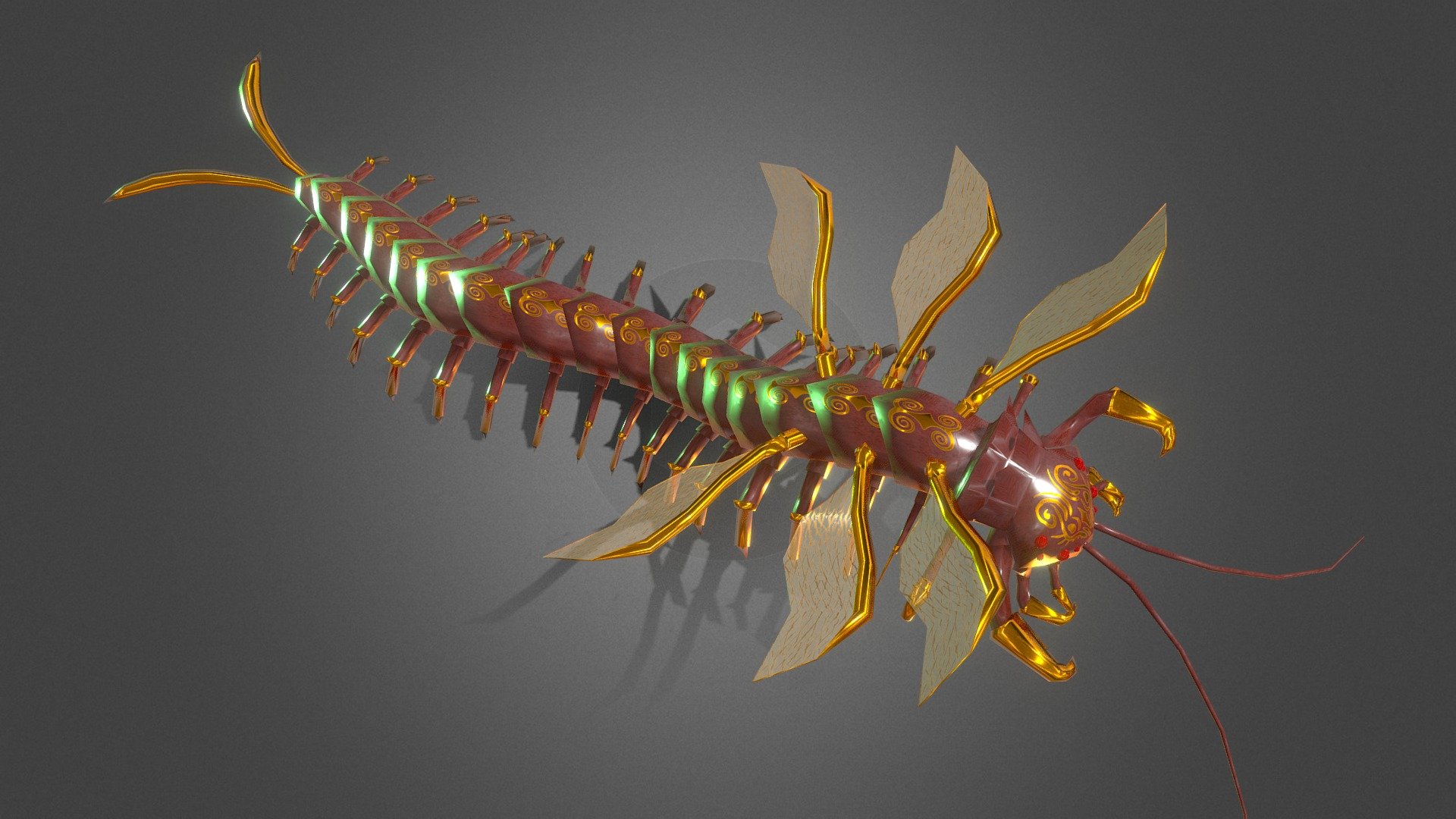 This is a mythological creature, a flying giant centipede, that I created using Blender's PBR workflow.

Its material is composed of five PBR textures: BaseColor, Metalness, Roughness, Normal, and Opacity.

It can be directly imported into a game engine and render fantastic effects immediately 3d model