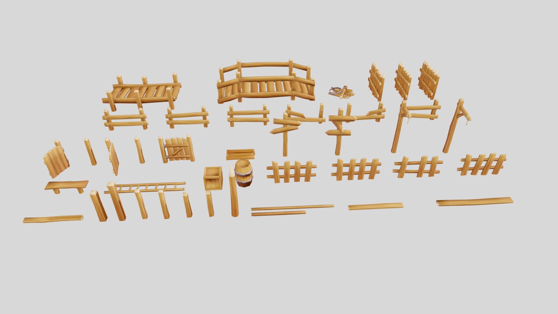 43 Modular parts to build exactly what you need. Nicely done hand painted texture in medieval fantasy style. This pack contains wooden fences, gate, bridges,ladder, barrel, box and etc. With this package you can easy build wooden fence around your fortress or home. It's readily available to import in Unity3D and Ue4.

Package contains:

Bridge (Verts 650, Faces 560, Tris 1000)

Fence (Verts 150, Faces 100, Tris 200)

Gate (Verts 130, Faces 100, Tris 220)

Lader (Verts 130, Faces 100, Tris 200)

Pointer (Verts 80, Faces 70, Tris 140)

Barrel (Vetss 110, Faces 100, Tri 200)

Box (Verts 70, Faces 55, Tris 108)

Bench (Verts 78, Faces 60, Tris 120)

Logs (Verts 174, Fces 129, Tris 300)

Trash (Verts 208, Faces 180, Tris 366)

for one single object

All Package Verts 5800,Faces 5000, Tris 9600

Textures:

The texture is one single atlas. Hand painted png 2048x2048 - Modular Wooden Prop Pack - 3D model by Crazy_8 (@korboleevd) 3d model