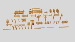 Modular Wooden Prop Pack lamp, fence, gate, barrel, bench, set, logs, medieval, pack, planks, pillar, props, box, rubbish, lader, handpainted, cartoon, blender, gameasset, bridge