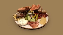 Appetizer plate with cheese and cured meat food, ham, meat, bread, spanish, olives, tapas, serano, apetizing