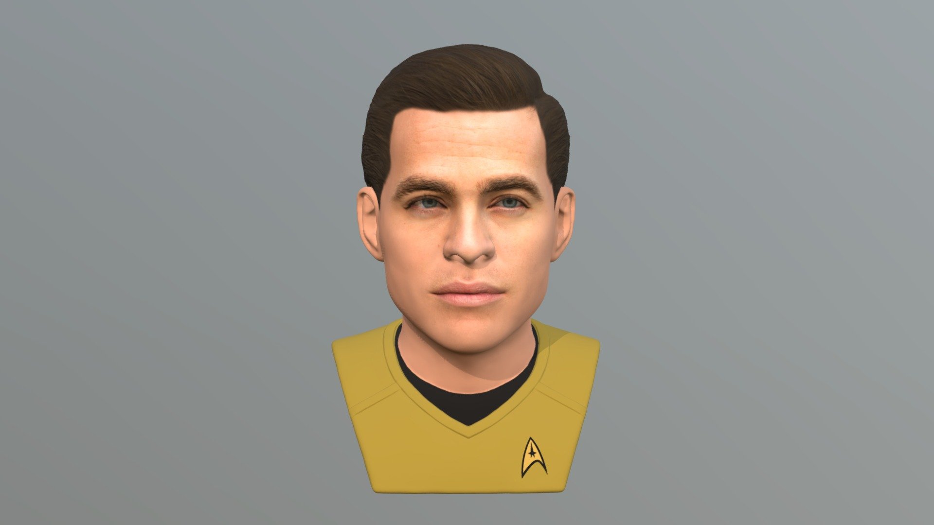 Here is Captain Kirk (Chris Pine) from Star Trek bust 3D model ready for full color 3D printing. The model current size is 5 cm height, but you are free to scale it. 
Zip file contains obj with texture in png. 
The model was created in ZBrush, Mudbox and Photoshop.

If you have any questions please don't hesitate to contact me. I will respond you ASAP. 
I encourage you to check my other celebrity 3D models 3d model