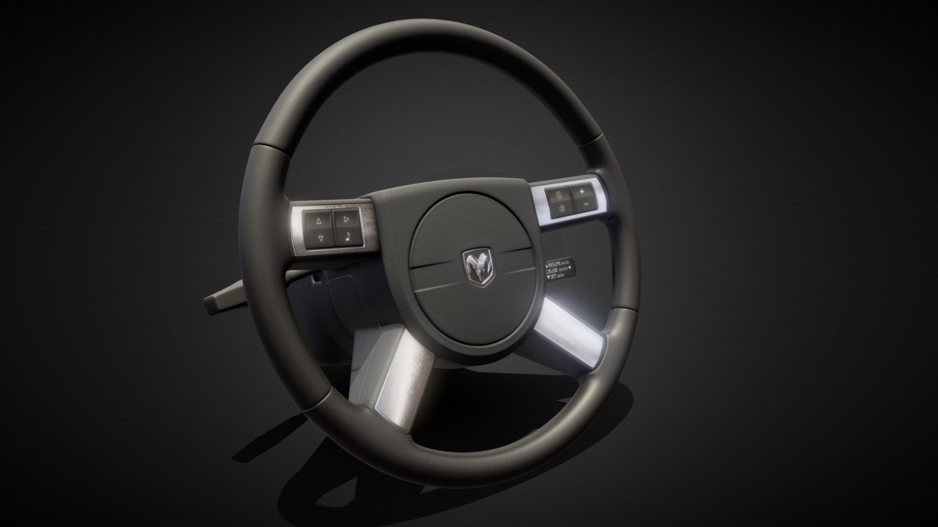 Hi! This is the steering wheel of a Dodge Charger 2008 car. I made the model very detailed and so it fits into the interior for very accurate visualizations 3d model