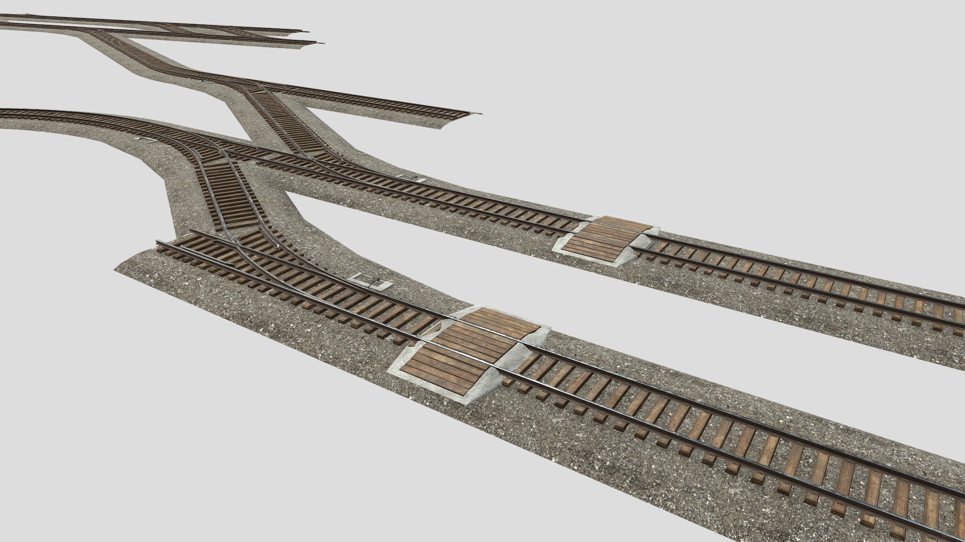 Low Poly Modular PBR set of tracks and parts to create your own rail network.  Setup to work with vert snapping so that everything will snap to the ground mesh under the track.  Let me know if you have any need for other parts and will see what I can do 3d model