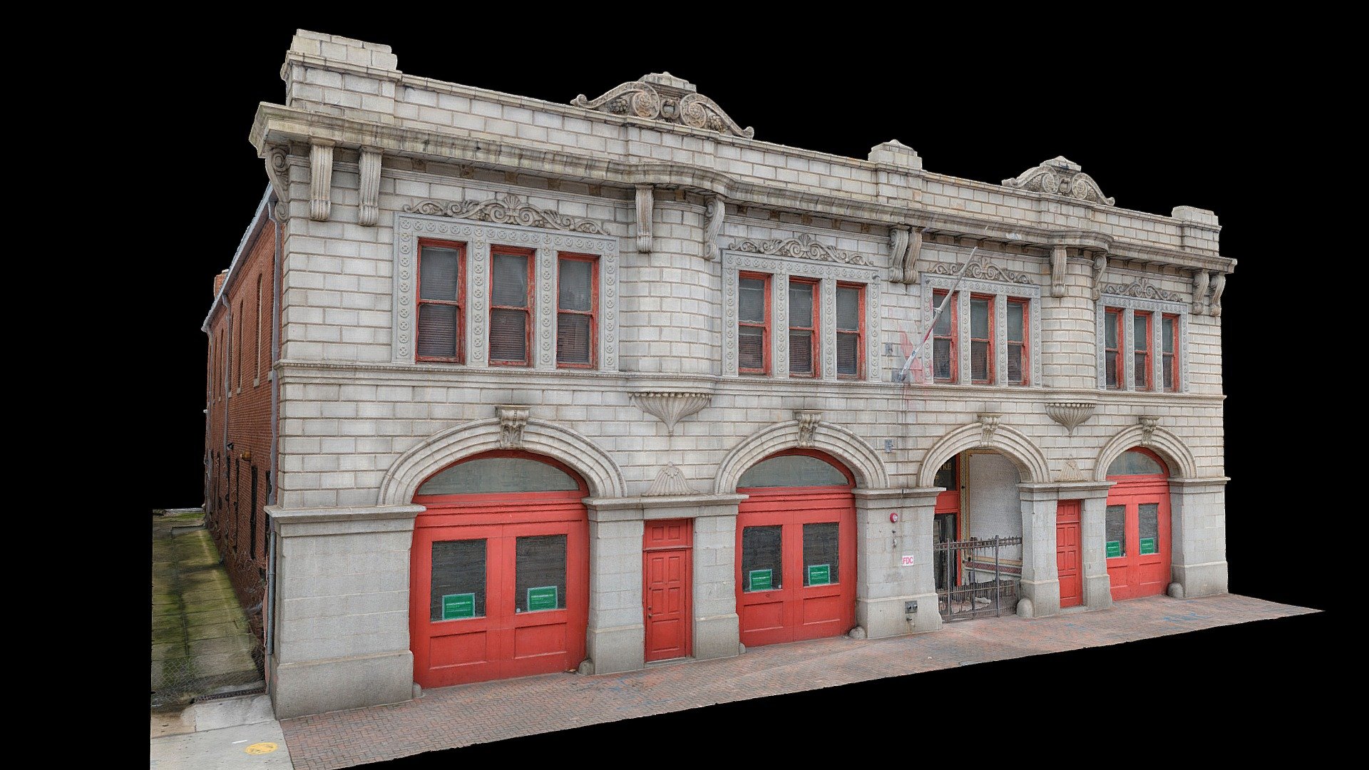 Fire station no. 32 was constructed in 1907, after the Great Baltimore Fire of 1904. At 10:50am on February 7, 1904, a small fire in the business district rapidly spread throughout a large portion of the city by the evening. When the blaze was finally extinguished, “an 80-block area of the downtown area, stretching from the waterfront to Mount Vernon on Charles Street, had been destroyed” (History.com). Consequently, Baltimore City erected dozens of new fire stations after this event. More recently, the interior was completely renovated in 1984 to an office building, and in 1997 to house Baltimore City College. 

I would like to reconstruct the fence and back portion of the building later using CAD - any advice/suggestions welcome!

14 S Gay St, Baltimore, MD 21202

39.289153198917624, -76.60912430915629 


Baltimore and Gay Street, 1904, looking South towards the Harbor

Image source: Remembering Baltimore - Baltimore Fire Station No. 32 - 3D model by Taylor (@thoulihan) 3d model