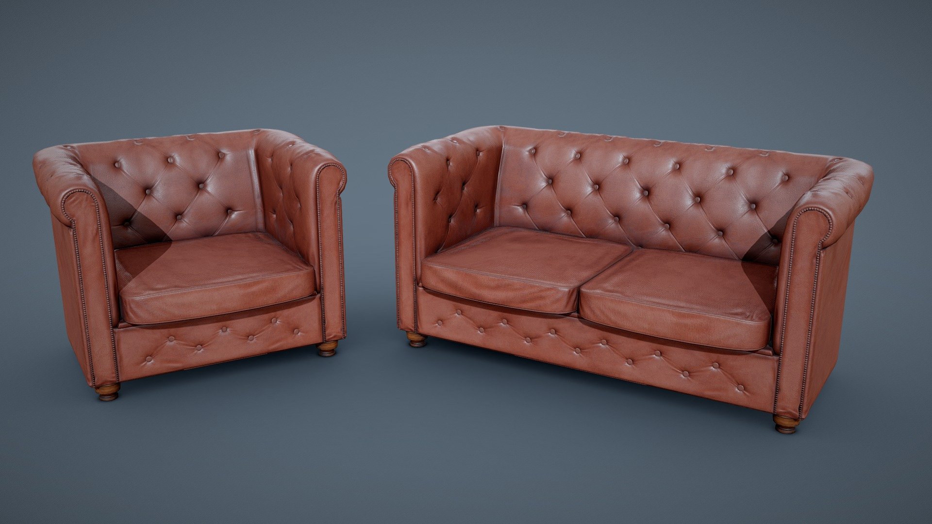 Chesterfield style sofa set. Antique and well worn.

Armchair: 5,348 tris

Sofa: 6,989 tris - Antique leather sofa set - Game Model - Buy Royalty Free 3D model by Lorenzo Drago (@LorenzoDrago) 3d model