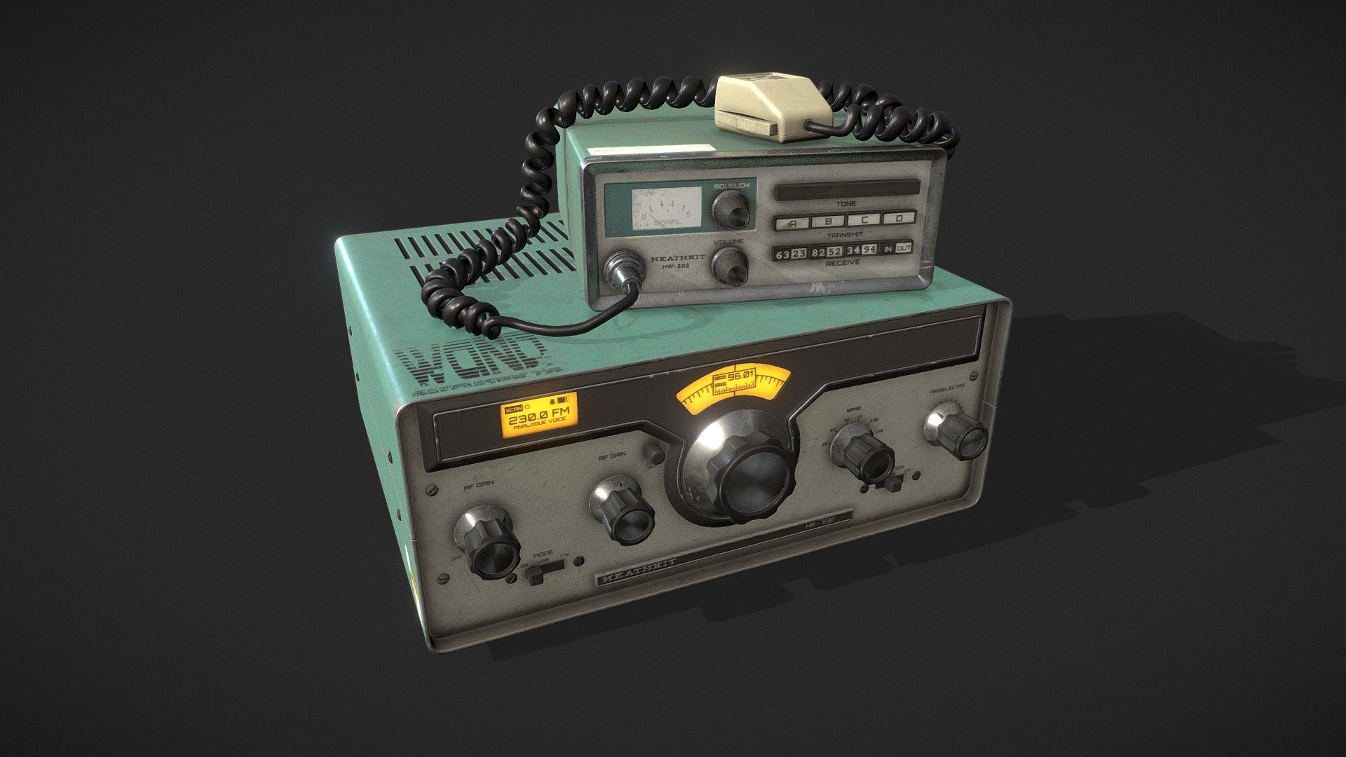 based on altered versions of the Heatkhit HW-202 and HR-1680 models, this radio kit consists of 2 separate devices that are meant for use in  a near-future setting mercenary hideout. 
The reason for the use of the more &lsquo;'oldschool'' tech is to remain more under the radar of the authorities, which is why they modded these old Heathkits.

made for my Game Asset Pipeline Course using a highpoly-lowpoly workflow - Oldschool Radio Kit - 3D model by Bryan van der Linden (@bryanvanderlinden) 3d model