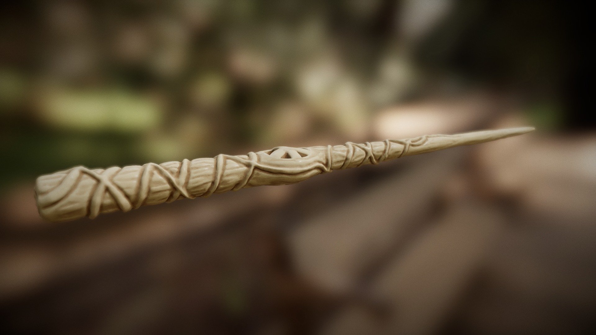 Magic wand designed for my girl with her help.
She asked me for design a magic wand that represents her and the symbol of peace is what most represents her.
Is made of phoenix bone and has an incredible power to control both life and death. Of course, only she can control this wand.

Modeled and rendered with Blender Cycles 3d model
