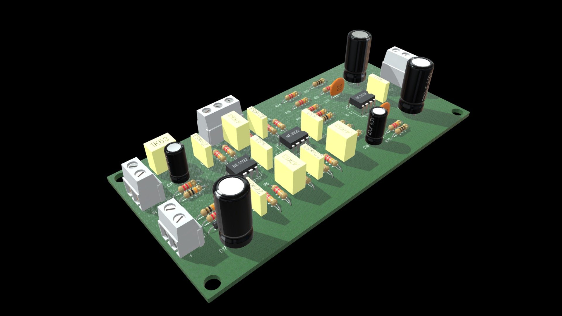=== The following description refers to the additional ZIP package provided with this model ===

Electronic circuit 3D Model, nr. 2 in my collection. 2 individual objects (board, components), each one with its own non overlapping UV Layout map, Material and PBR Textures set. Production-ready 3D Model, with PBR materials, textures, non overlapping UV Layout map provided in the package.

Quads only geometries (no tris/ngons).

Formats included: FBX, OBJ; scenes: BLEND (with Cycles / Eevee PBR Materials and Textures); other: png with Alpha.

2 Objects (meshes), 2 PBR Materials, UV unwrapped (non overlapping UV Layout map provided in the package); UV-mapped Textures.

UV Layout maps and Image Textures resolutions: 2048x2048; PBR Textures made with Substance Painter.

Polygonal, QUADS ONLY (no tris/ngons); 285710 vertices, 282676 quad faces (565352 tris).

Real world dimensions; scene scale units: cm in Blender 3.1 (that is: Metric with 0.01 scale).

Uniform scale object (scale applied in Blender 3.1) 3d model