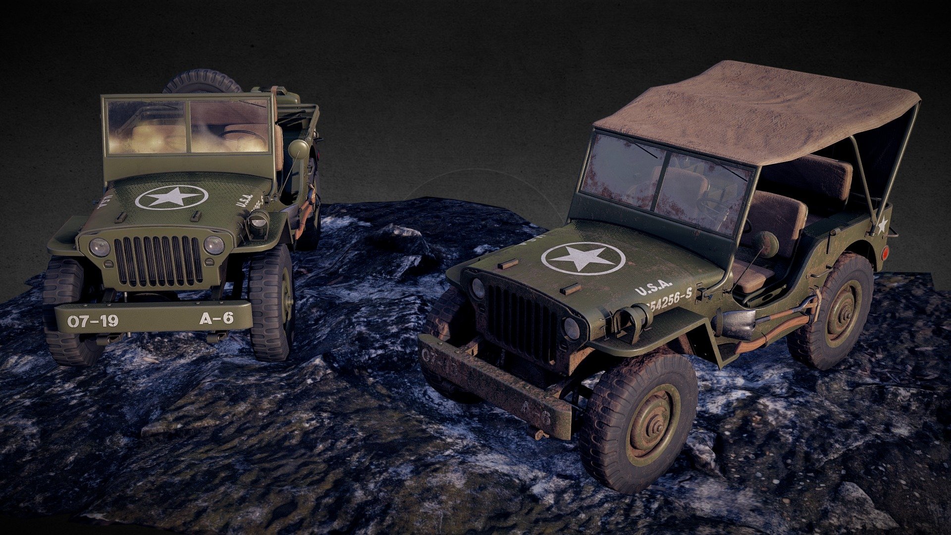 Artstation post: https://www.artstation.com/artwork/qVRKz

The model and texture for the ground plane was provided by https://twitter.com/brumcgi

Lowpoly PBR Military WW2 era US Army Jeep.
The model is not rigged, but all the moveable parts are separated (including buttons and gauges on the dashboard), with proper hierarchy set up, so the model can be easily rigged and animated.
The model has two textures set, the main one is provided in 4k, the additional one (for the removable parts of the model, such as the roof, gascan, spare tire, axe and shovel) are in 2k.

Full model and high res textures are in the additional files archive;

The model has 4 texture variations:





Clean;




Dirty;




Clean w/o markings;




Dirty w/o markings



Texture types:





AO;




Base Color;




Base Color/Opacity (Unity);




Normal (DirectX);




Normal (OpenGL);




Metallic;




Roughness;




Metallic/Roughness (Unity);




Opacity


 - Military Jeep - 3D model by soidev 3d model