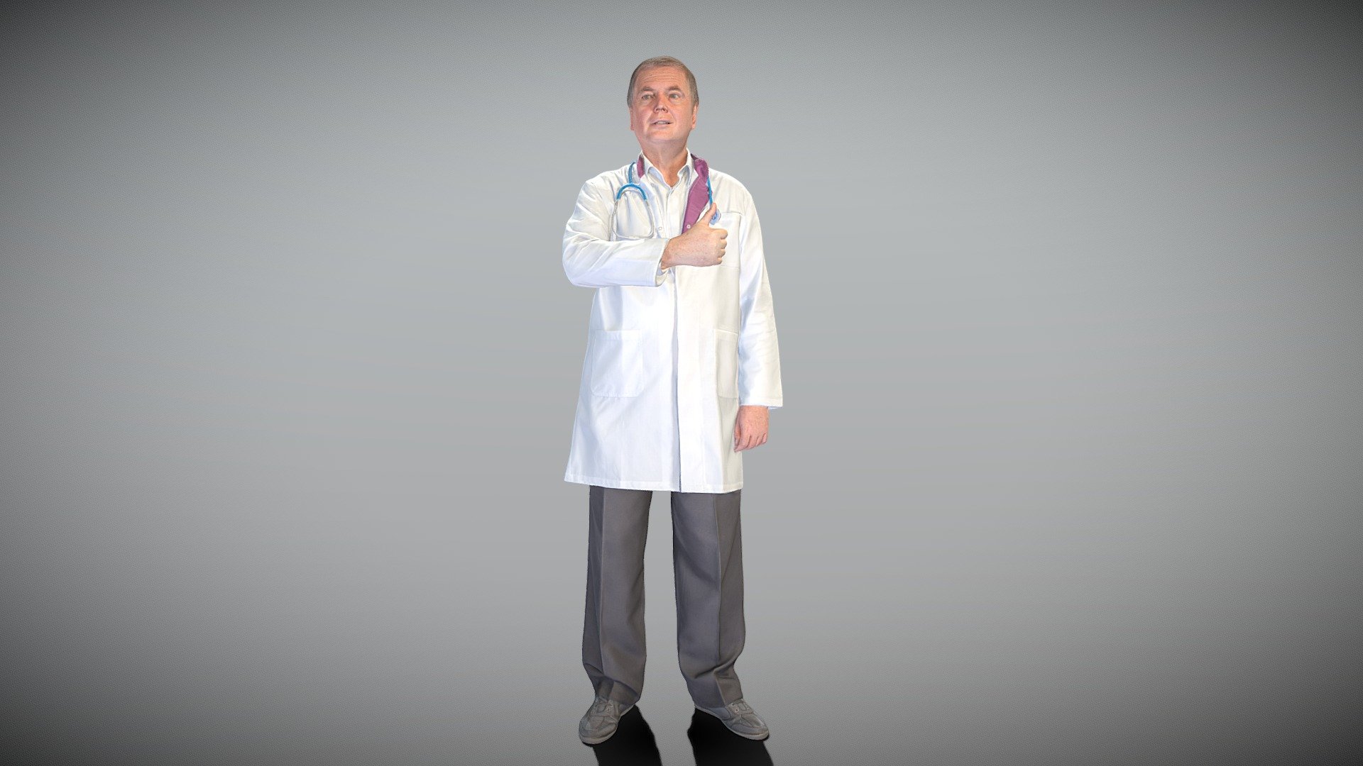 This is a true human size and detailed model of a mature man of Caucasian appearance dressed in a medical uniform. The model is captured in typical professional pose to perfectly match a variety of architectural and product visualizations, be used as a background or mid-sized character in advert banners, professional products/devices presentations, educational tutorials, VR/AR content, etc.

Technical specifications:




digital double 3d scan model

150k &amp; 30k triangles | double triangulated

high-poly model (.ztl tool with 4-5 subdivisions) clean and retopologized automatically via ZRemesher

sufficiently clean

PBR textures 8K resolution: Diffuse, Normal, Specular maps

non-overlapping UV map

no extra plugins are required for this model

Download package includes a Cinema 4D project file with Redshift shader, OBJ, FBX, STL files, which are applicable for 3ds Max, Maya, Unreal Engine, Unity, Blender, etc.

3D EVERYTHING

Stand with Ukraine! - Mature doctor with thumb up 384 - Buy Royalty Free 3D model by deep3dstudio 3d model