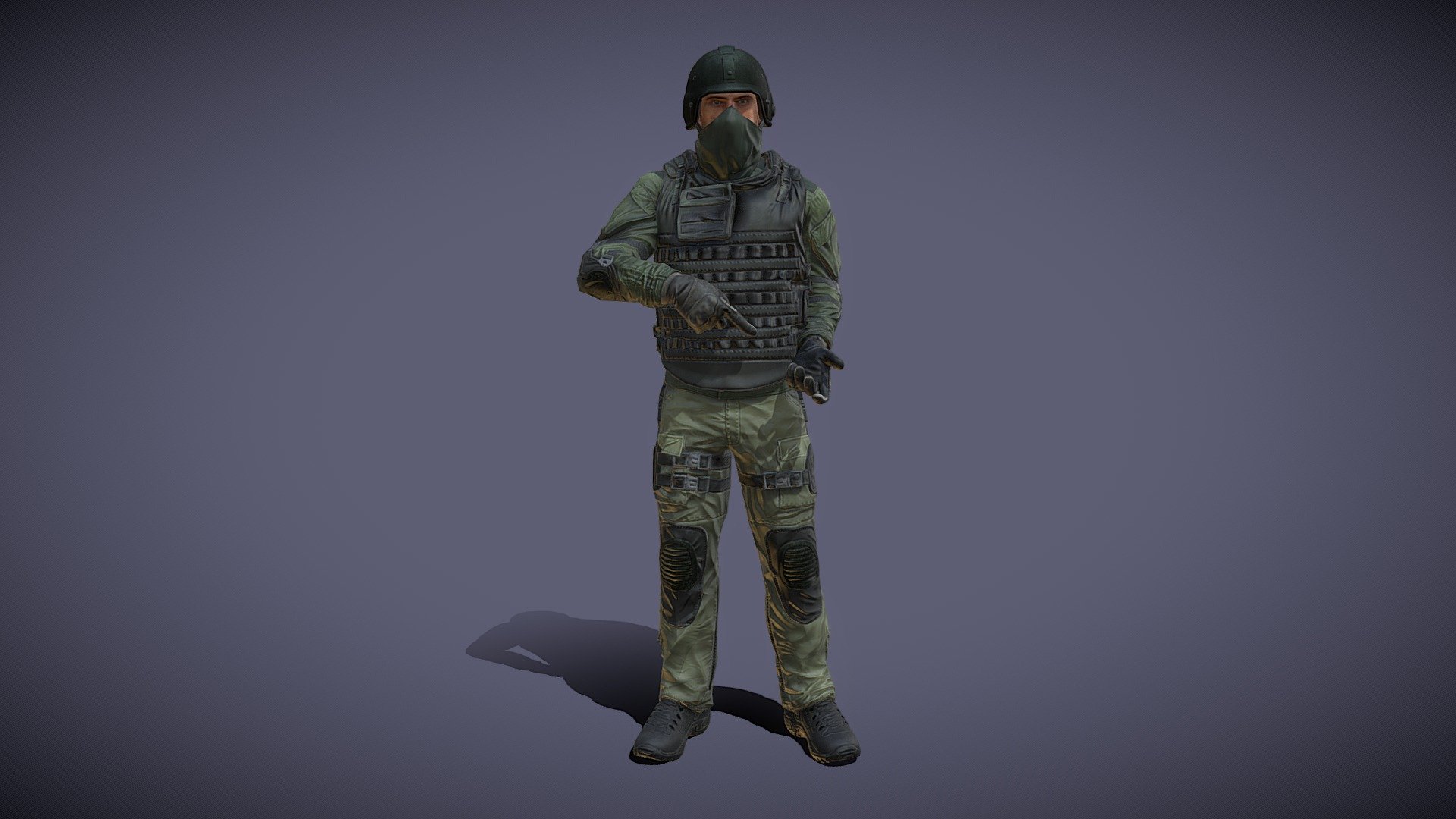 1 mesh.
Geometry: 15113 triangles, 8780 vertices.
PBR high resolution textures (4K).
Channels: diffuse, normal, metallic, ambient occlusion.
Animations: 81, all carrying a (not included) submachine gun.
Rigged type Generic.
SRP support: BuiltIn, URP, HDRP.
Unity version: +2020.3.
 - Army Soldier 1 - Buy Royalty Free 3D model by Hitoshi Matsui (@hitoshi.matsui) 3d model