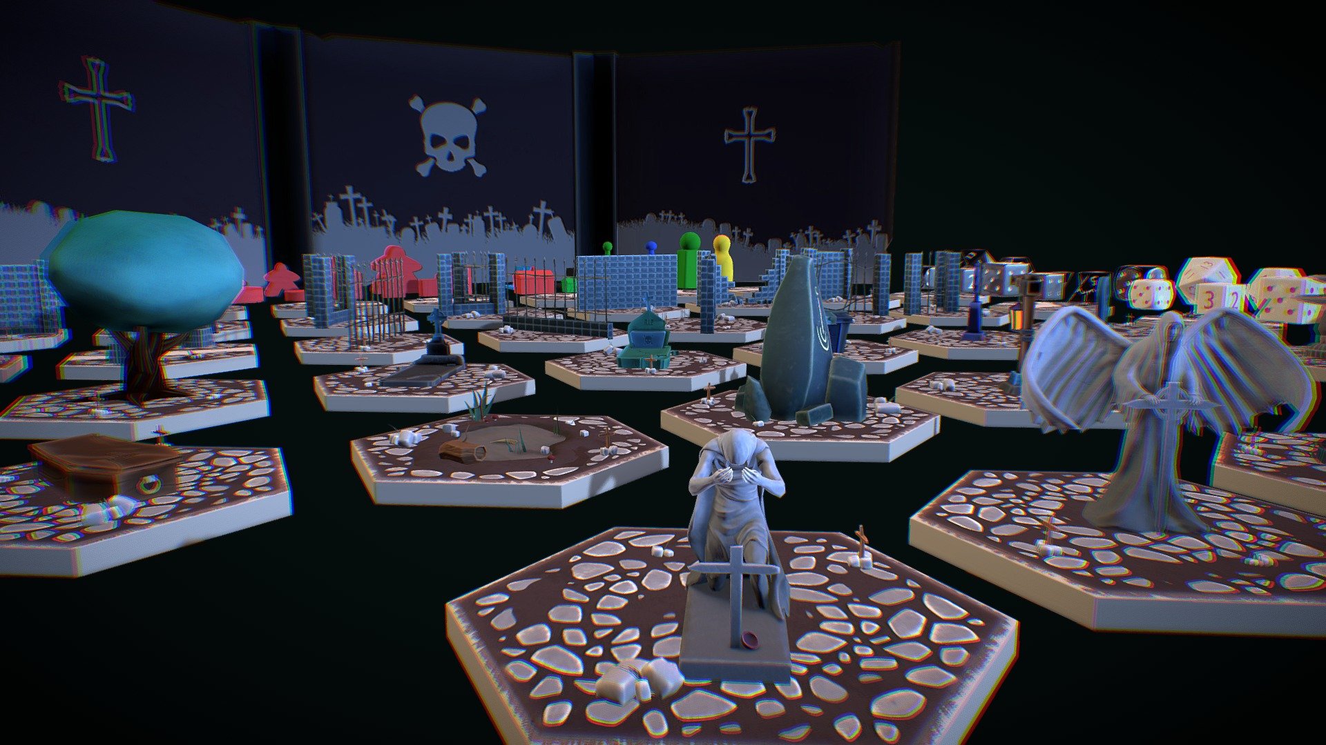 Cemetery themed hexagonal tiles modular pack

This is a hex-based model pack for development of board games which use cemetery as environment. The model pack contains a broad approach to the genre, featuring modular pieces of low-poly stylish assets for assembling a nice and smooth board game atmosphere. All of the featured assets can be assembled as the user pleases, including the hexes, the contents and all of the essential pieces like dices, pawns and houses. Every asset is modular, to be used in VR and traditional views.
the project has a level containing an overview of all included models.

https://youtu.be/R6Ihu-lGeqg

Features:
 79 unique models
 lowpoly game ready models
Number of Unique Meshes: 79 unique models
Number of Textures: 157 textures
Texture Resolutions: 2K - Boardgame Model Pack - Cemetery - Buy Royalty Free 3D model by Animus Game Studio (@animusgamestudio) 3d model