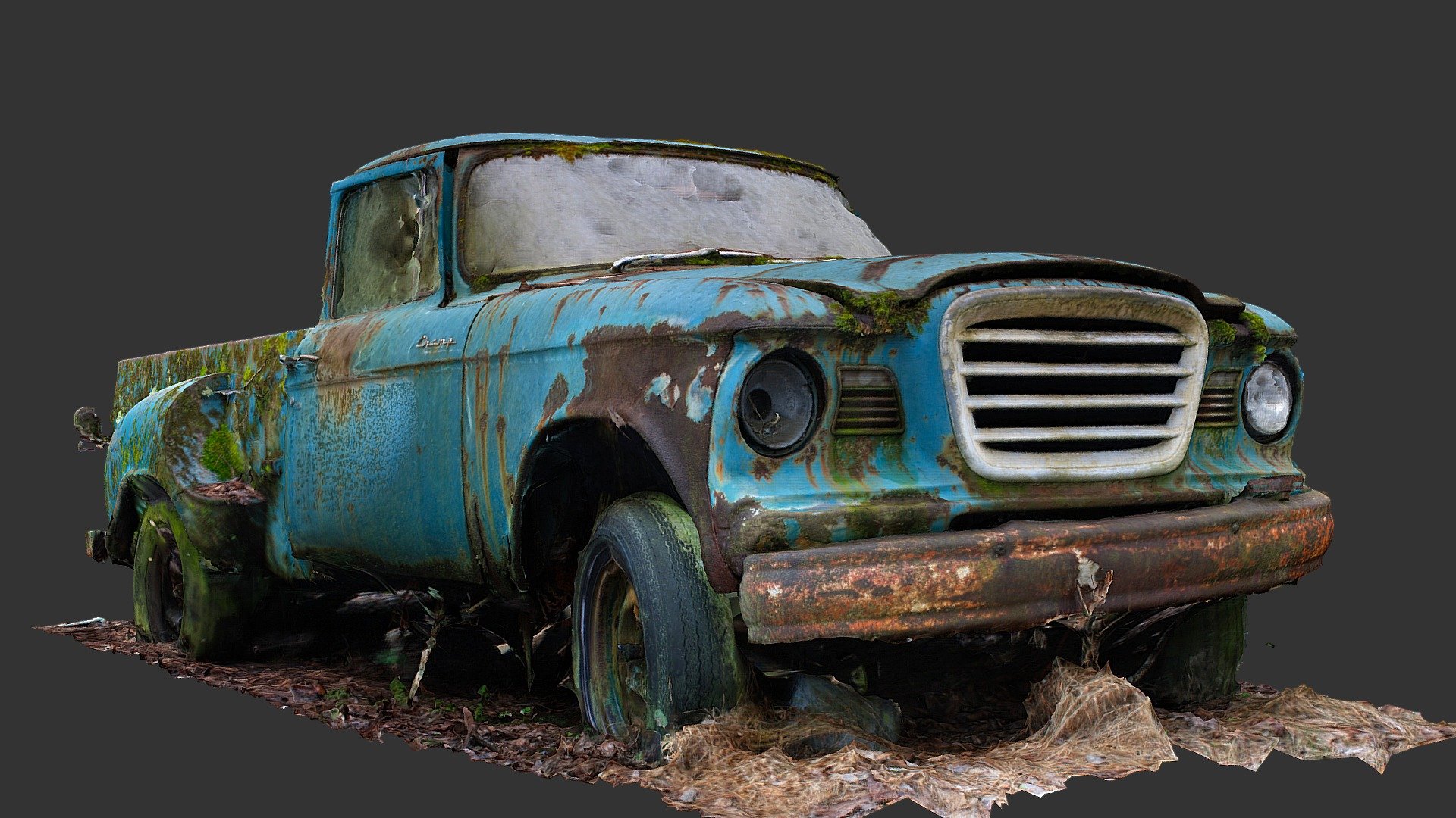 Abandoned and overgrown Studebaker Pickup from the early 1960s. It's not in that bad of condition, all things considered, it may have ran when parked.

Processed from 175 Photos taken with my Canon EOS Rebel XSI - Studebaker Champ Pickup (Raw Scan) - Buy Royalty Free 3D model by Renafox (@kryik1023) 3d model
