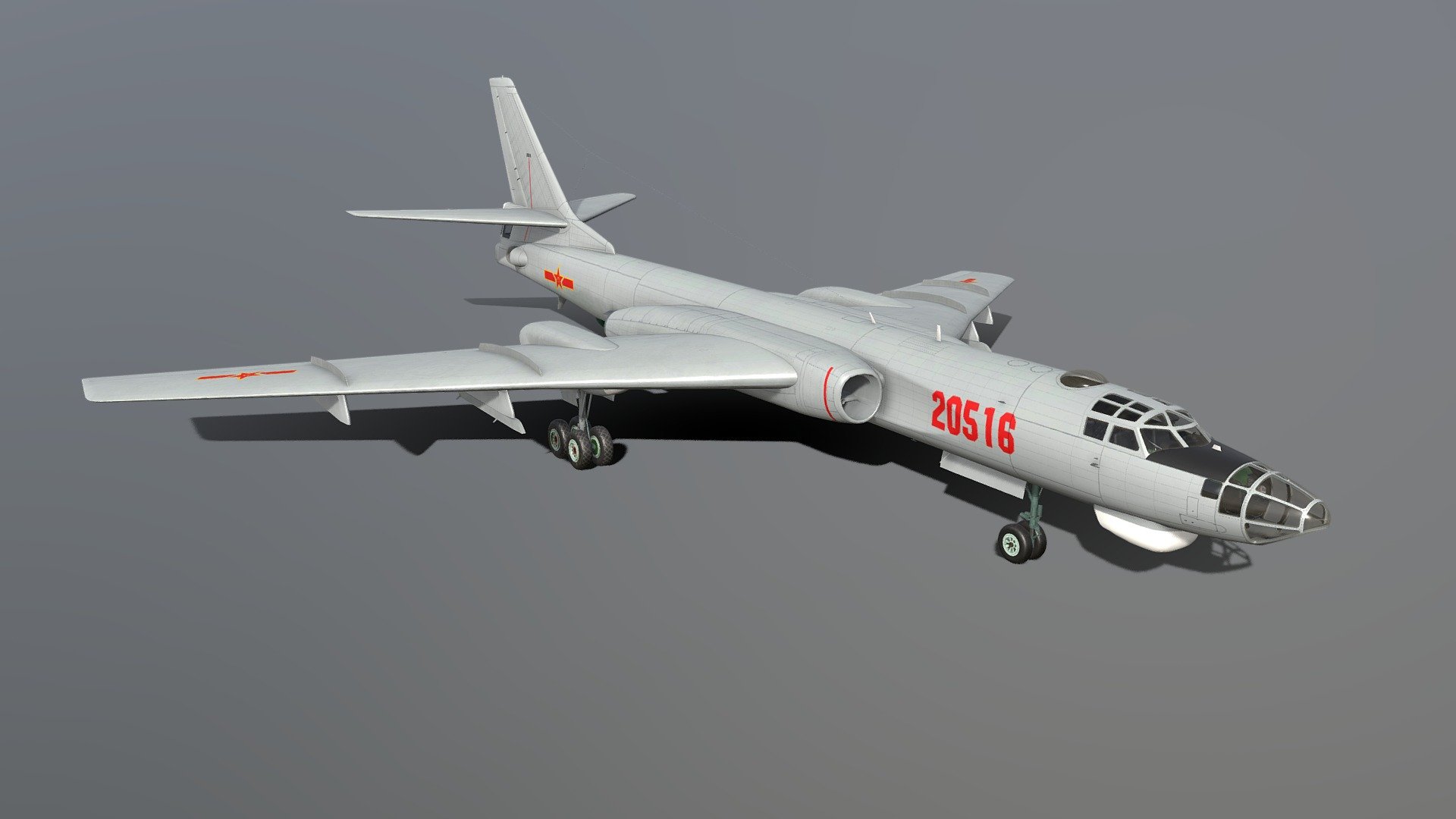 The Xian H-6 is a licence-built version of the Soviet Tupolev Tu-16 twin-engine jet bomber, built for China's People's Liberation Army Air Force (PLAAF).

Delivery of the Tu-16 to China began in 1958, and a licence production agreement with the USSR was signed in the late 1950s. Xi'an Aircraft Industrial Corporation (XAC) manufactured aircraft at Xi'an as the H-6; the first flew in 1959. By November 2020, the PLAAF had as many as 231 3d model