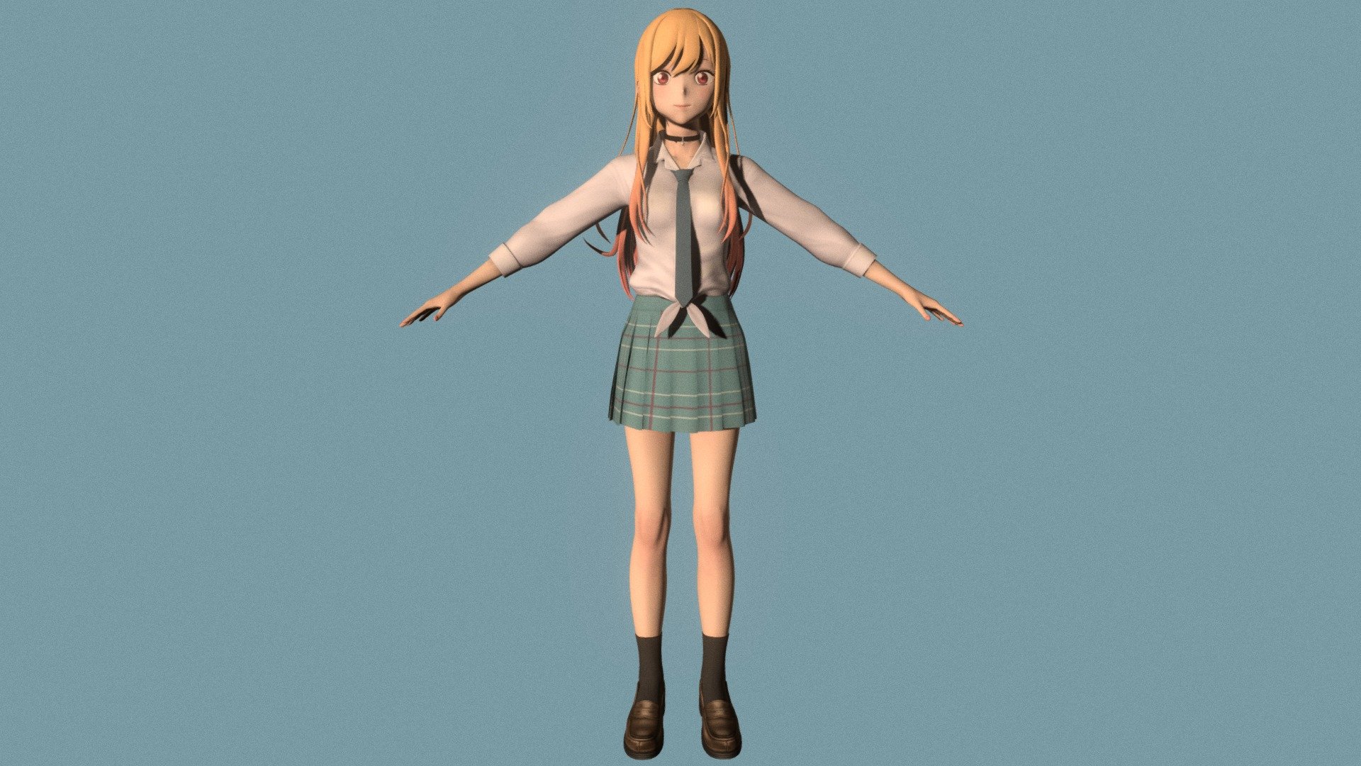 T-pose rigged model of anime girl Marin Kitagawa (My Dress-Up Darling).

Body and clothings are rigged and skinned by 3ds Max CAT system.

Eye direction and facial animation controlled by Morpher modifier / Shape Keys / Blendshape.

This product include .FBX (ver. 7200) and .MAX (ver. 2010) files.

3ds Max version is turbosmoothed to give a high quality render (as you can see here).

Original main body mesh have ~7.000 polys.

This 3D model may need some tweaking to adapt the rig system to games engine and other platforms.

I support convert model to various file formats (the rig data will be lost in this process): 3DS; AI; ASE; DAE; DWF; DWG; DXF; FLT; HTR; IGS; M3G; MQO; OBJ; SAT; STL; W3D; WRL; X.

You can buy all of my models in one pack to save cost: https://sketchfab.com/3d-models/all-of-my-anime-girls-c5a56156994e4193b9e8fa21a3b8360b

And I can make commission models.

If you have any questions, please leave a comment or contact me via my email 3d.eden.project@gmail.com 3d model