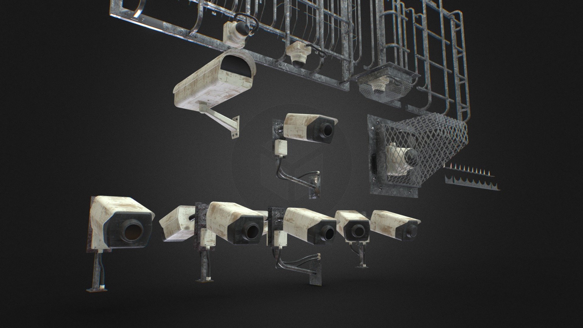 Security CCTV  Cameras Burglar bars Cages.

security camera and burglar or anti theft bars or cages for high crime areas - Security CCTV  Cameras Burglar bars Cages - Buy Royalty Free 3D model by 3D Content Online (@hknoblauch) 3d model