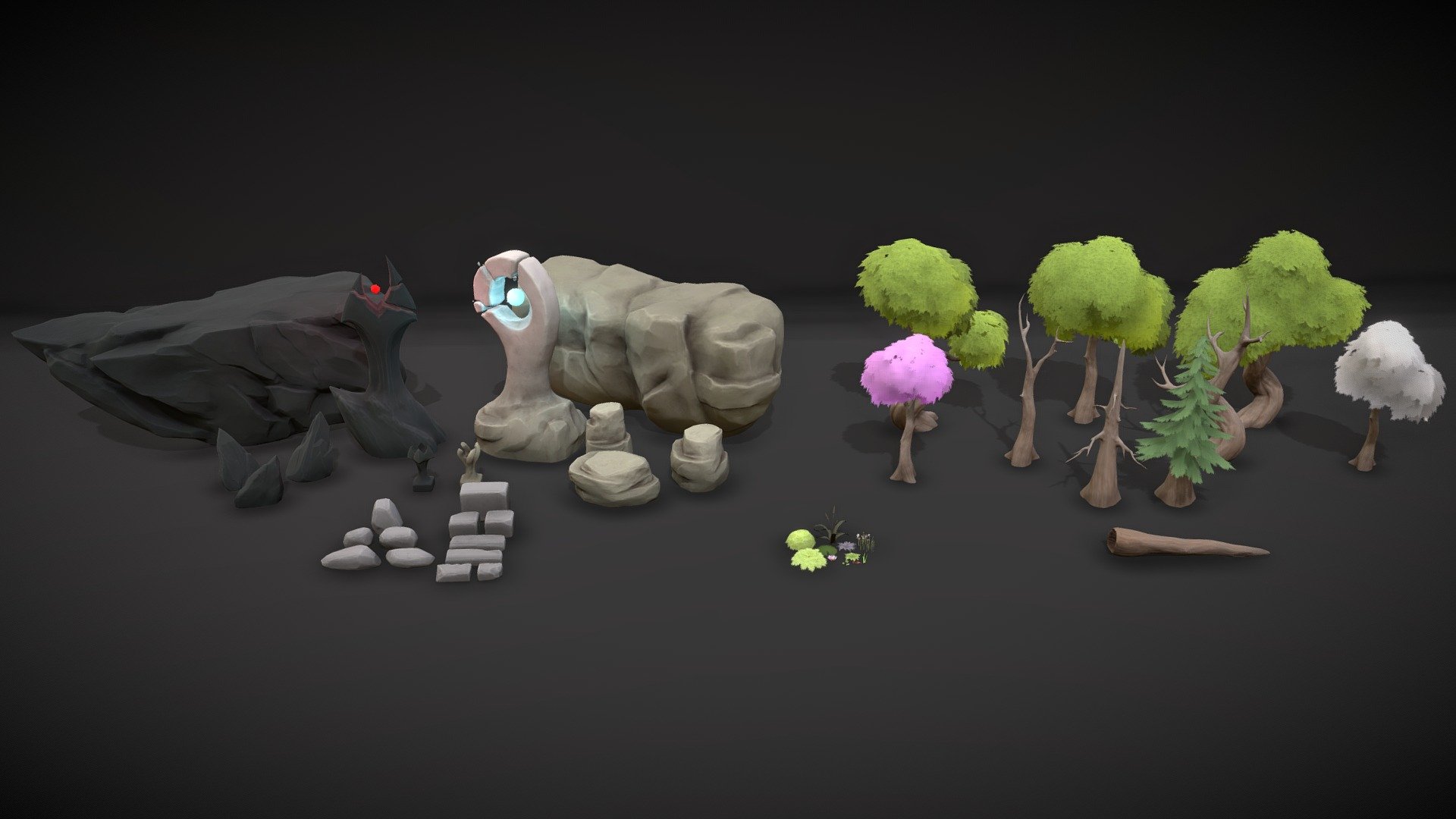 Stylized environment assets environments like Radiant in Dota2 

** Static Meshes in Additional files section has collisions 

** Textures are from 512 to 2k and there are only base color and normal map no ORM texture. 

** sketchfab viewport does not allow color overlay on top of texture but for dire side you can make trees draker in any software or engine you use, for the sake of performance and keeping everything lighter, there is no separate texture for them 3d model
