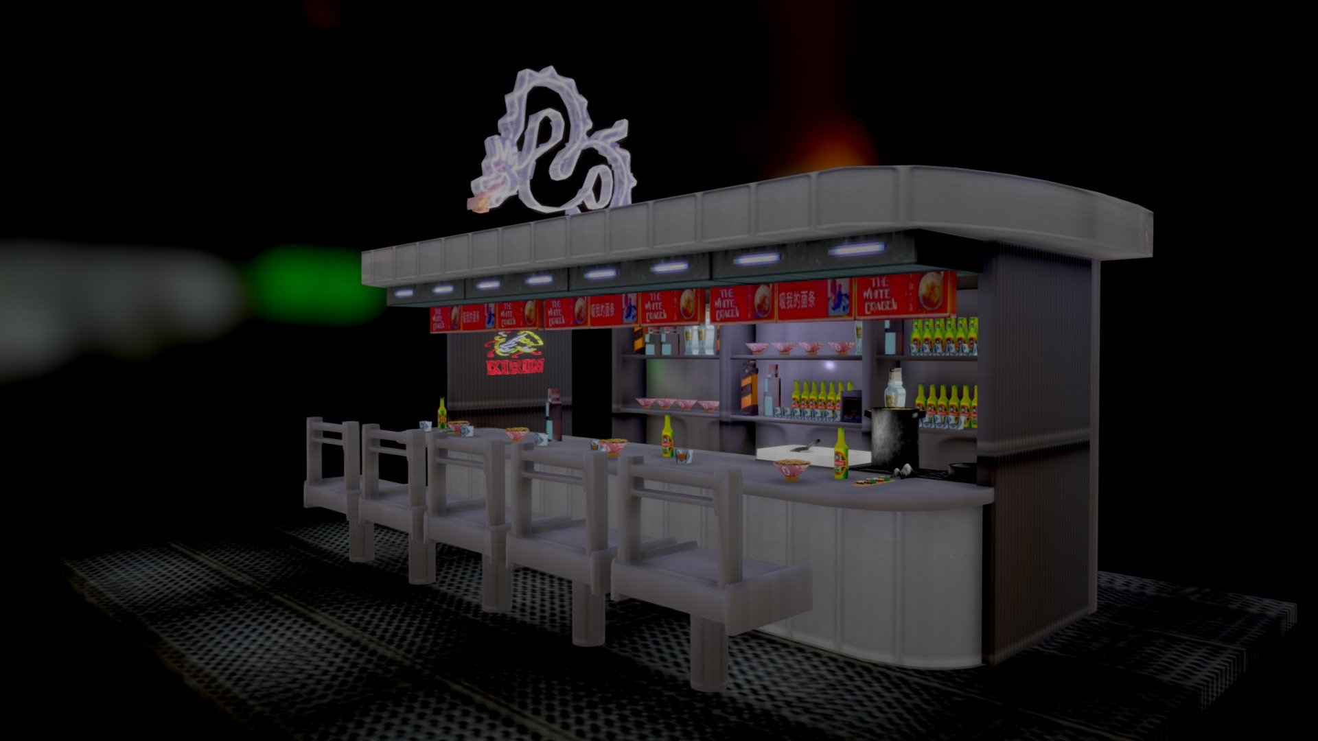 White Dragon Noodle Bar Blade Runner.
V2- rounded some corners and added some detail.
V3- flipped sign the way it must have been in movie.  More detail. Pots and pans.
Made a Mozilla Hubs site.  Some of the transparency effects don't work but overall ok.  Link below. Works best in Firefox on PC

https://hubs.mozilla.com/scenes/STXjrn3  (improved 9.7.20) - White Dragon Noodle Bar Blade Runner - Download Free 3D model by tl0615 3d model
