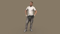 Worker in a White T-shirt Hands on His Hips people, standing, garage, walking, photorealistic, hard, service, worker, serious, labor, professional, uniform, strong, photoreal, gloves, contruction, handyman, foreman, man, concentrated