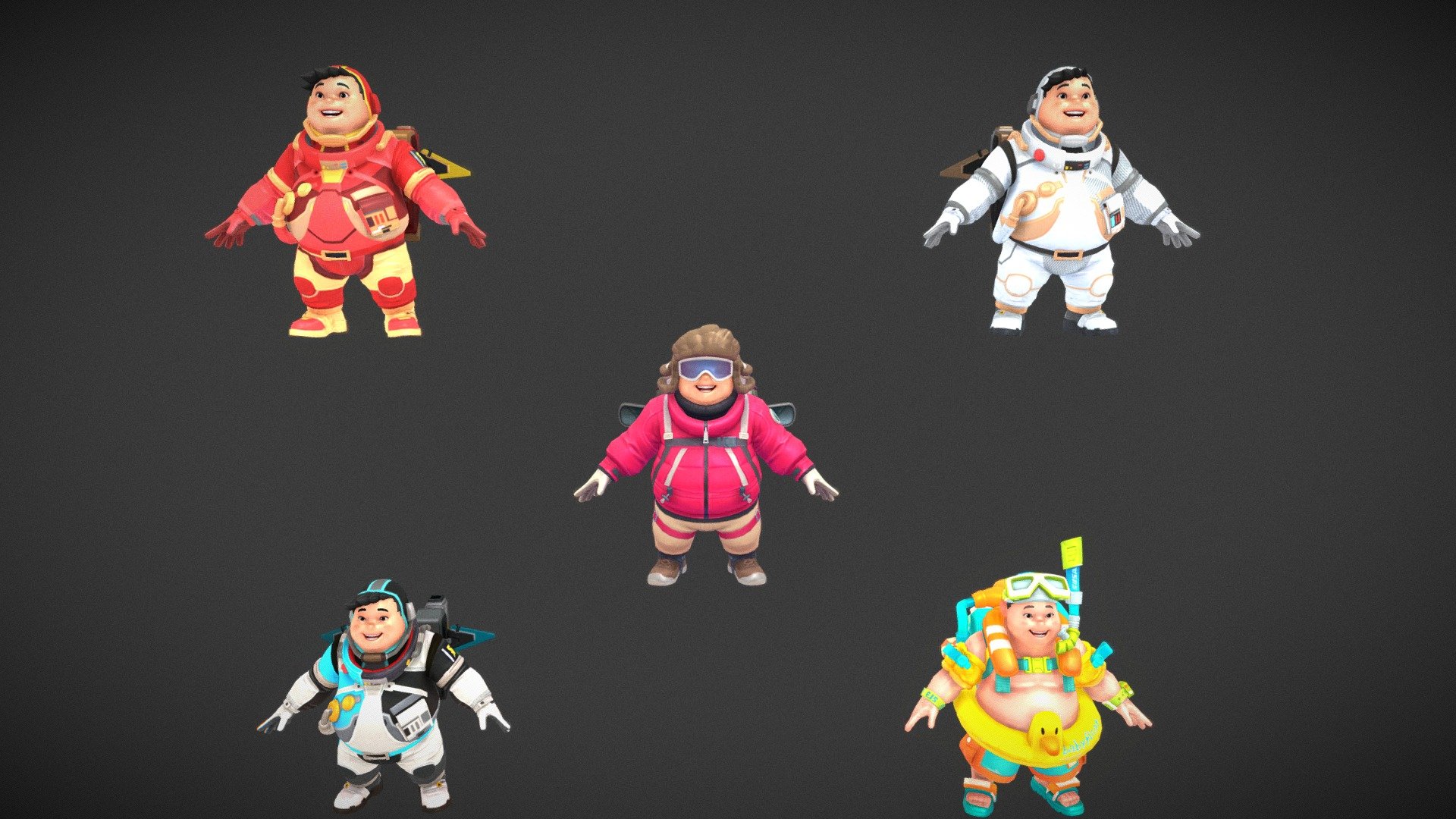 Set  of 5 low poly fat boy characters with styles cartoon futur. with differents level color and clothes ,All models use the same texture and material, Blender, Substance Painter - Fat boy collection - Buy Royalty Free 3D model by Luna (@StudioLuna) 3d model