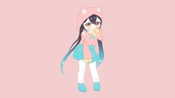 Chibi catgirl character-model, animegirl, npr, catgirl, anime3d, cat-girl, stylizedcharacter, anime, noai