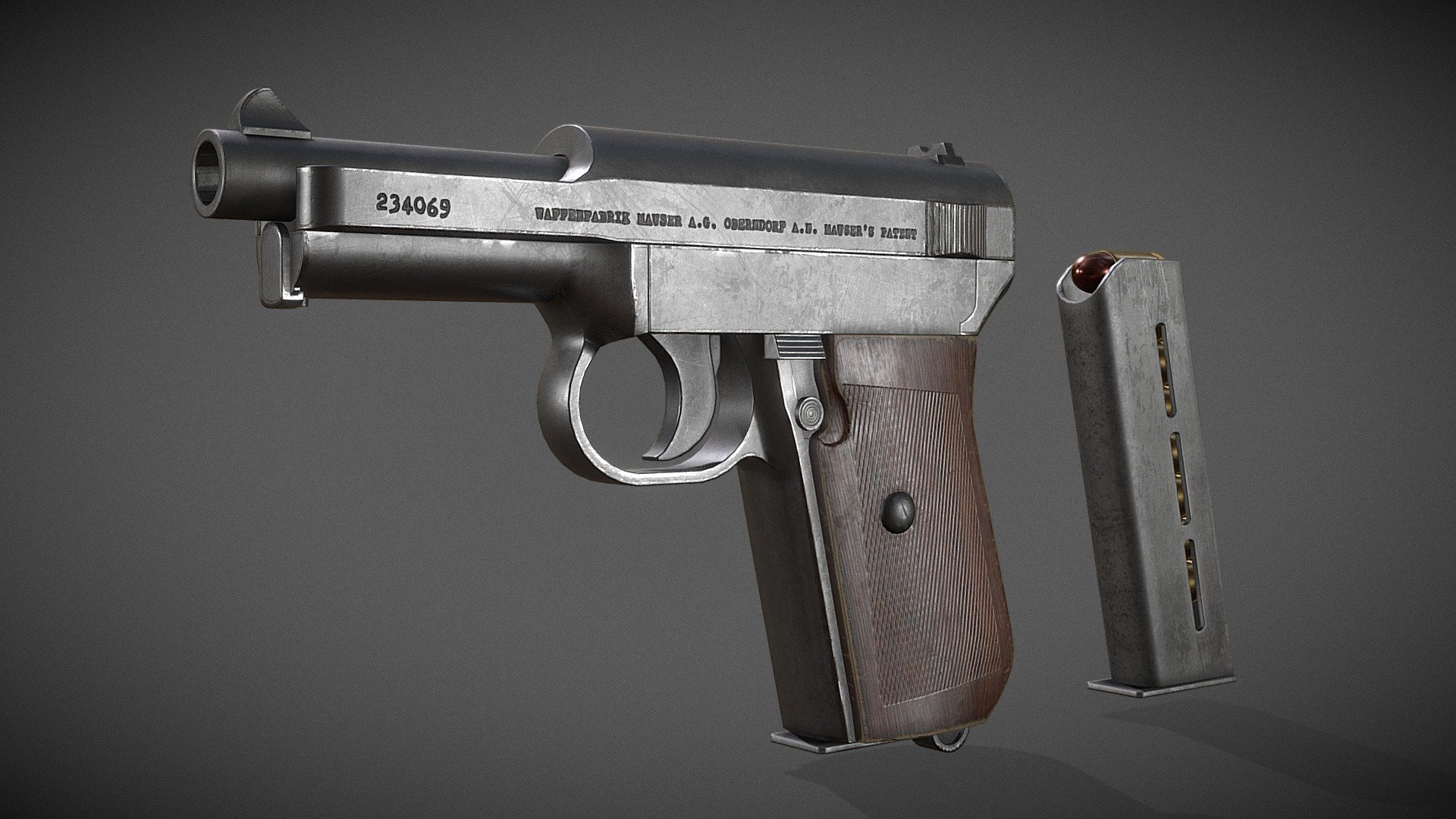 Mauser Model 1914, a vintage WW1 era semi-automatic handgun used by the German Empire. It's chambered in the 7.65 mm Browning Short (or .32 ACP) cartridge.

I made this in about 5 days, completely smashing it out during the weekend. Proportions may not be 100%, since I only have 2D reference images to model from.


Modelled in Blender, textured in Substance Painter.
Materials in 4K PNG PBR (2k for the bullet)
Normal map: OpenGL

Artstation: https://www.artstation.com/artwork/vJKZYY - Mauser 1914 - Download Free 3D model by 8sianDude (@haoliu95) 3d model