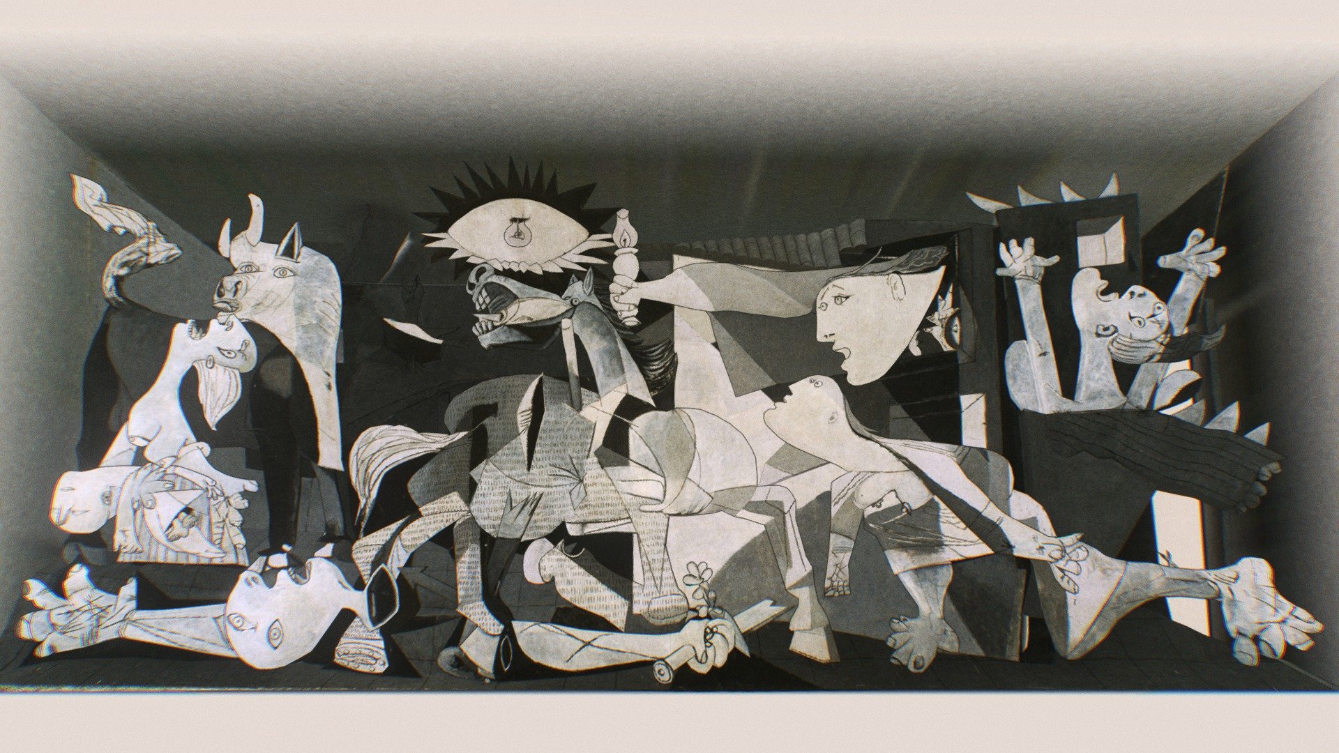 This is a tribute to Pablo Picasso (1881-1973)'s most famous artwork, Guernica (1937).

The main reason to do this is to echo Picasso's antiwar message, which I strongly believe is needed more than ever.

The backside of this artwork I added a few other Picasso's artworks to advocate peace, however washed out and fragmented it is. The ox, the &ldquo;sleeping