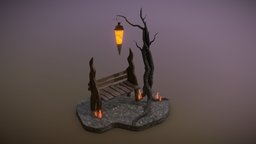Spooky place tree, bench, hell, park, diorama, blender, wood
