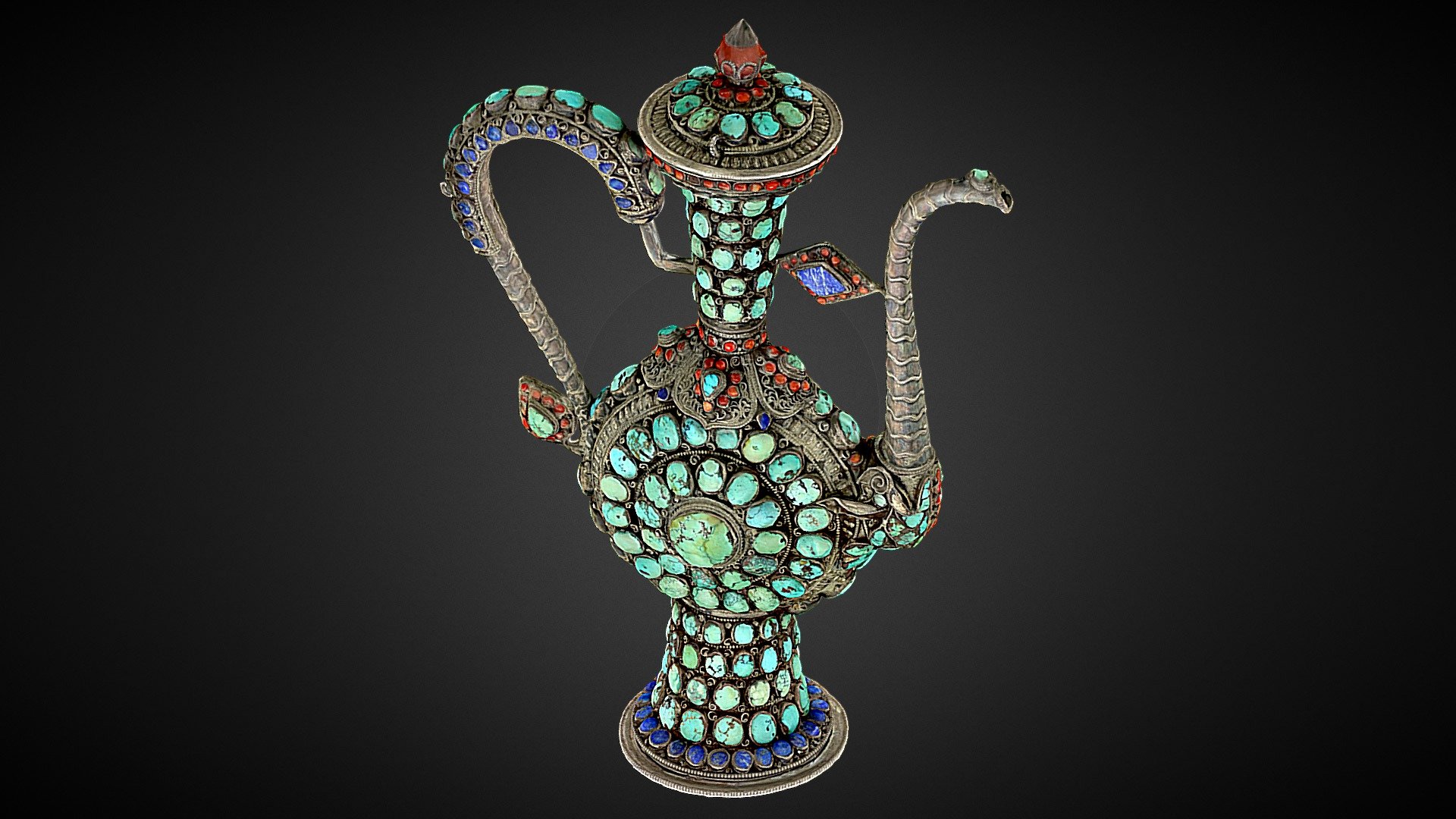 An antique teapot made from Mongolian silver and adorned with turquoise, lapis lazuli and red coral.

Created in RealityCapture by Capturing Reality from 962 images 3d model