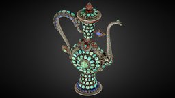 Jeweled antique Mongolian silver teapot