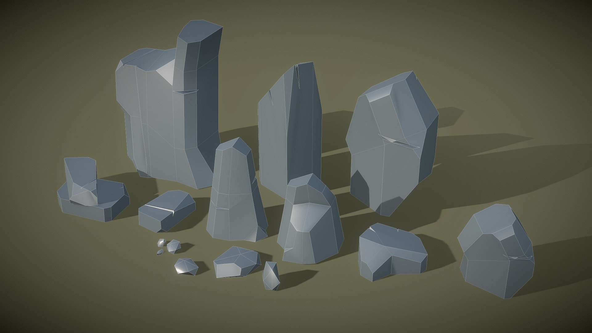 Pack of simple lowpoly rocks and stones. no textures or uv's. One shared material 3d model