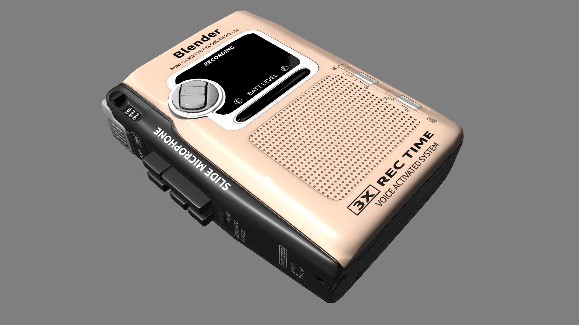 Low-poly model of cassete voice recorder (Panasonic RQ-L36).

Includes .blend file with meterials and UVs (tested with Blender 2.79a; older versions can be used too, but it requires to replace PrincipledBSDF node to Diffuse/Glossy/etc.) and obj with UVs.

cvr_color.png is for color/albedo;
cvr_glossy.png is for roughness input or it's analog;
cvr_normal.png is normalmap 3d model