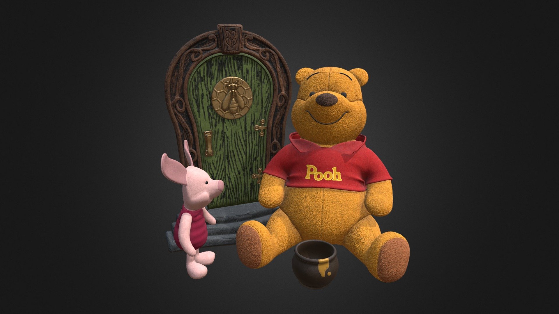 Set includes
- 3d model of soft toy Vinnie the Pooh height 550mm 22830 polys 23012 verts 2048x2048 textures
- 3d model of soft toy Piglet Plush 14.5 inches 4822 polys 4820 verts 2048x2048 textures
- 3d model Bee Keeper Fairy Door by HiddenWorlds 13834 polys 13853 verts4096x4096 textures
- archive includes a height map
The set is available for purchase in parts.
Thank you for watching! - Vinnie the Pooh toy Set - 3D model by egoroshe 3d model
