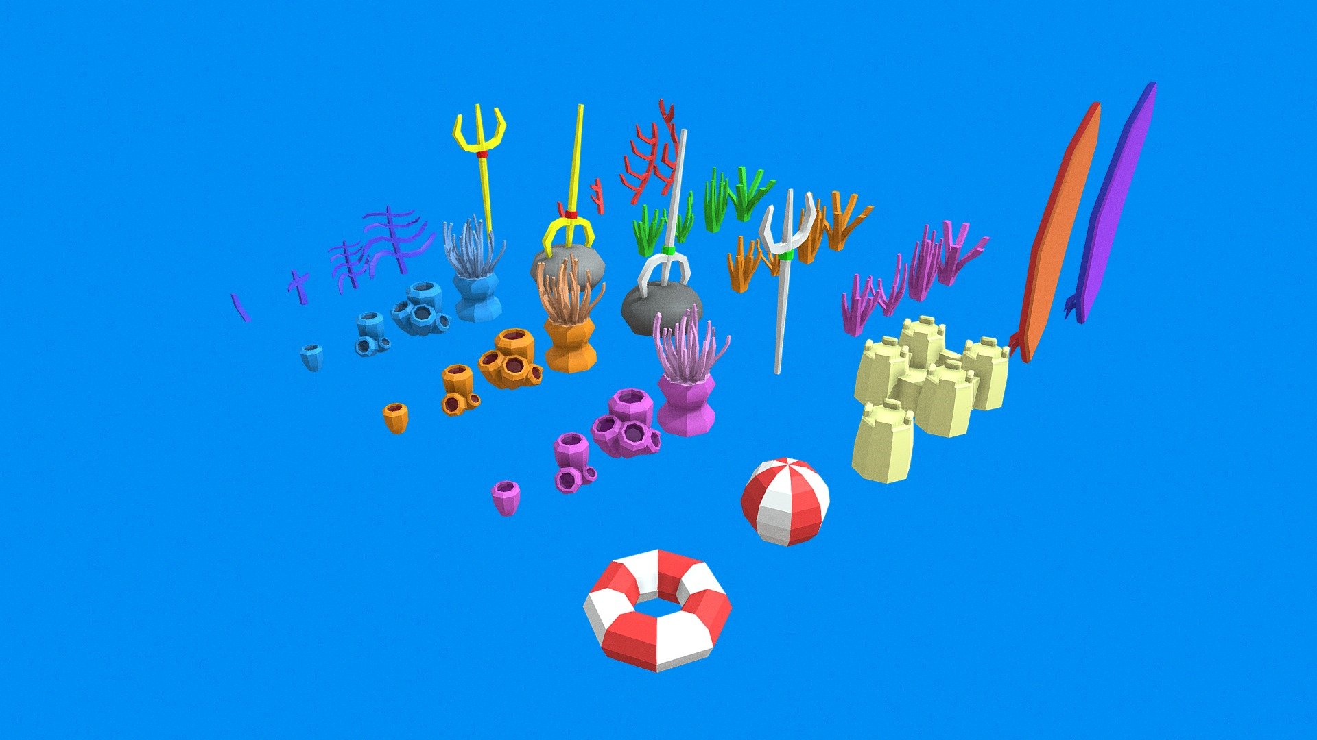 This is an Ocean Game Asset made in Autodesk Maya, it includes:




Four types of corals.

Two types of tridents.

Sand castles.

Surfboards.

Algae.
 - Ocean Game Asset - Buy Royalty Free 3D model by Polychromic 3d model