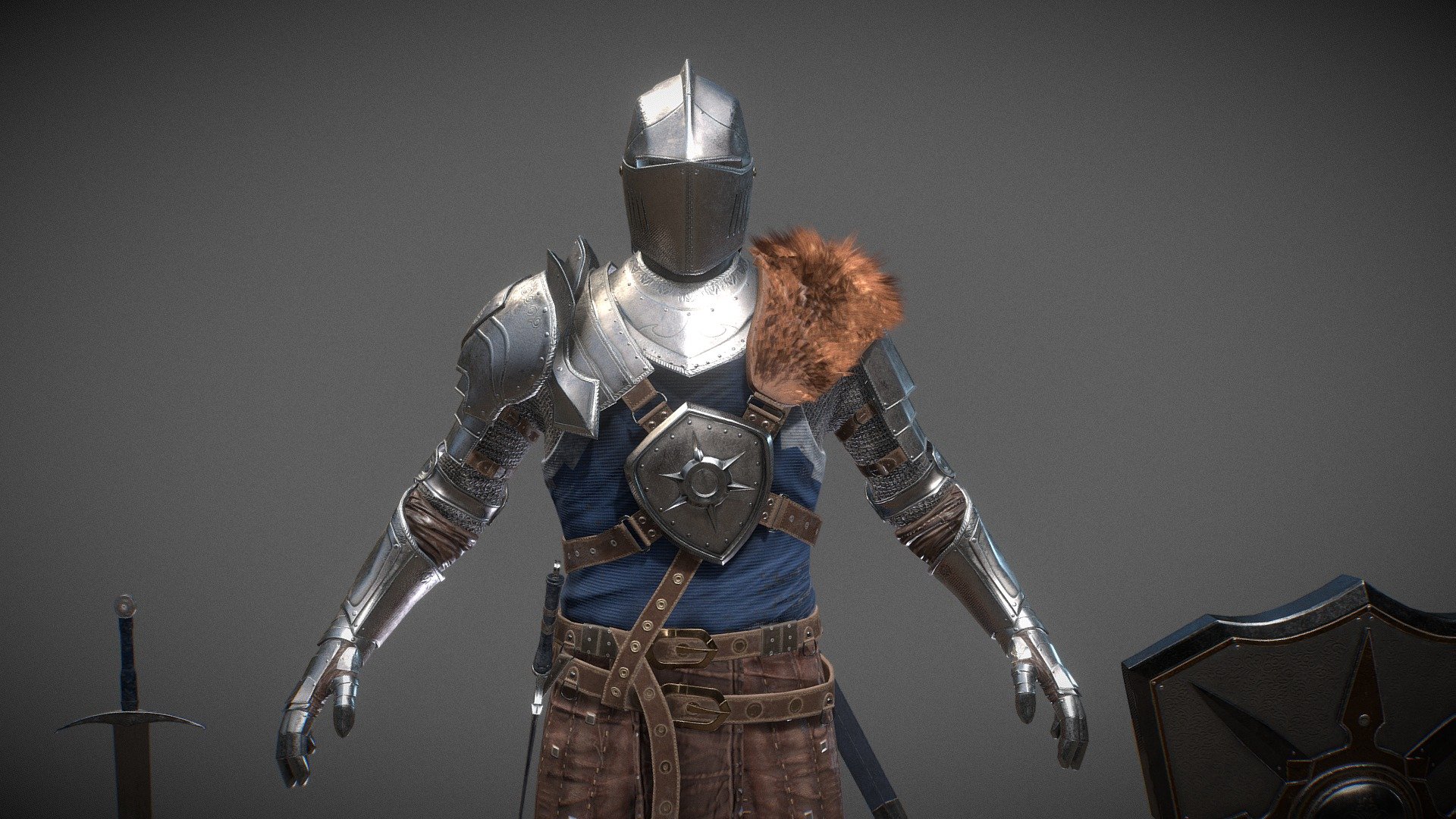 Originally Created in blender 2.9
The character is in game quality with 40K polygons.

File Does not include any rigging or animation

2 Version Included in the File :
- One with Side Sword Bag
- One with Back Sword Bag

File Includes :
- Fbx File with 4K Textures
- OBJ File with 4K Textures
- Blend File with Packed Textures and Materials

Features:
- Different Materials are assigned as different colors.
- Model is fully textured with all materials applied in Blender File..
- No special plugin needed to open blender file.
- Model does not include any backgrounds or Hdri used in preview images.

Texture Format:
- Png with 4K Resolution (4096X4096) - 3D Medieval Knight with Armor and Fur | Version1 - Buy Royalty Free 3D model by AneeshArts 3d model