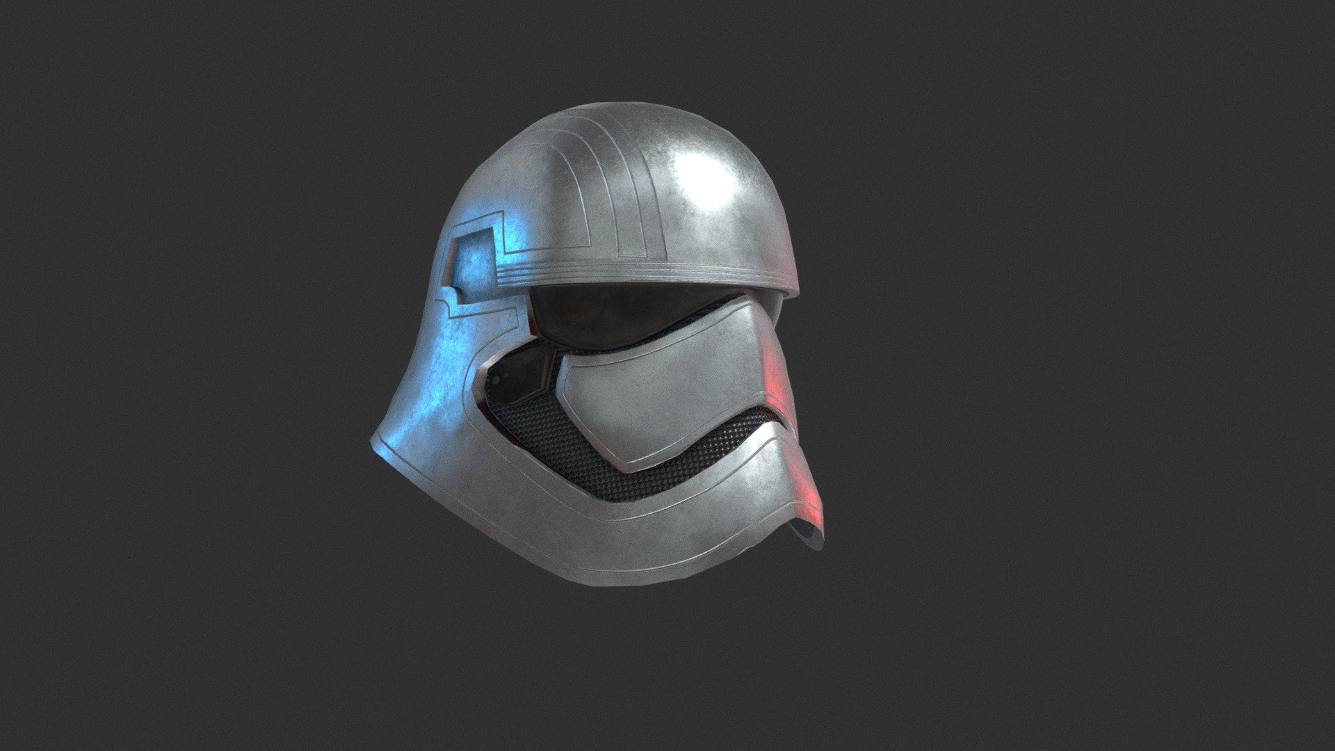 3D model of Used StarWars Phasma Helmet
Resolution of textures: 4096x4096
 - Originally created with 3ds Max 2017
 - Textured created with Substance Painter
 - Unit system is set to centimetre
 - Model is built to real-world scale
 - Rendered in Marmoset Toolbag, 3ds Max Vray, Maya Vray
 - Texture Set: Diffuse, Base Color, IOR, Gloss, Heigh, IOR, Normal, Reflection, Specular, 

Special notes:

.fbx format is recommended for import in other 3d software. If your software doesn't support .fbx format, please use .3ds format; .obj, format was exported from 3ds Max 3d model