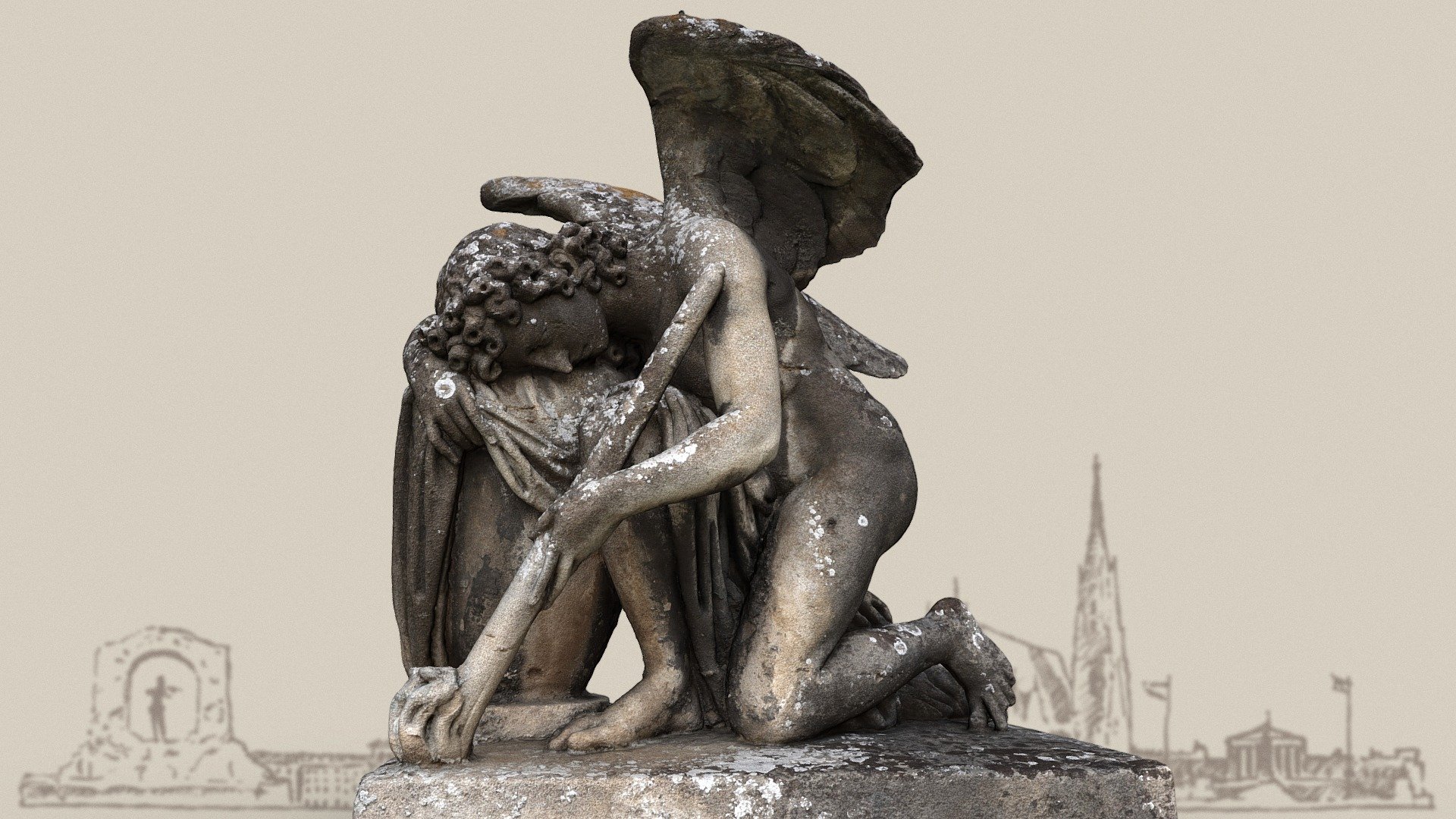 Grave figure of a mourning angel at the Vienna Central Cemetery. The angel is shown kneeling, his right arm and head leaning against an urn. With his left hand he holds an upturned torch, as a symbol of the extinguished life 3d model