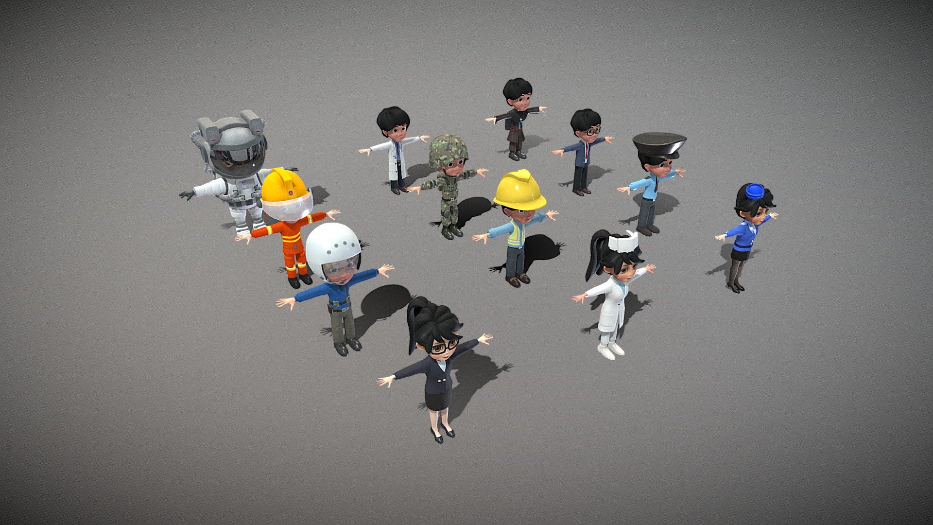 This is a collection of 12 professional characters. They are cute.Each character contains 13 animations.

This includes doctor, lawyer, teacher, flight attendant, nurse, police officer, worker, pilot, soldier, firefighter, astronaut, priest.

All triangles: 705157  All vertices: 361756

(Viewer Setting above are just a preview and may vary drastically depending on your lighting and shading setup on the final application)

If you have any questions, please feel free to contact me.
 
E-mail: zhangshangbin1314159@gmail.com
 - 12 Profession Characters - Buy Royalty Free 3D model by Zhang Shangbin (@zhangshangbin1314159) 3d model