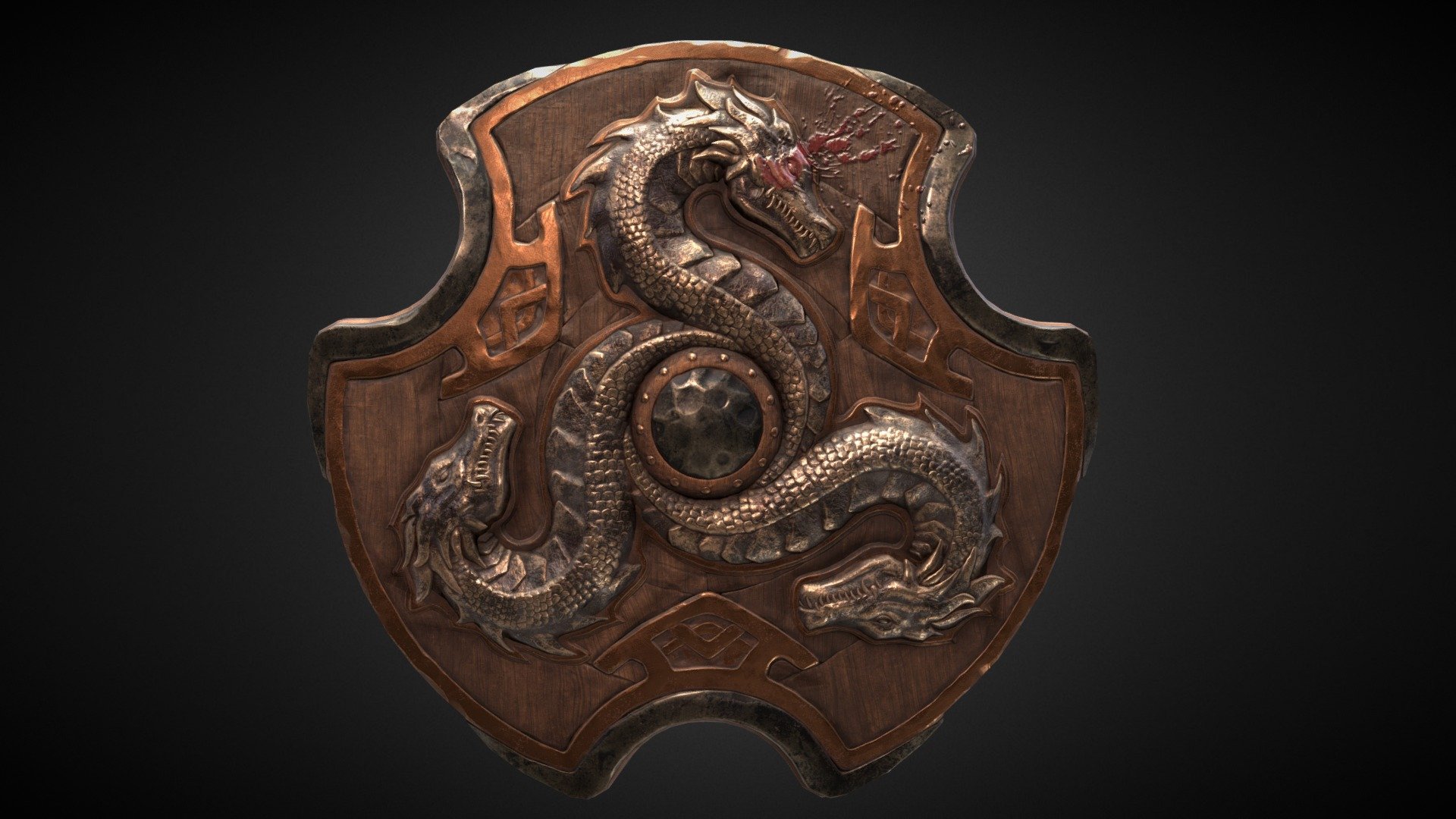 Based on some concepts by Artyom Vlaskin (a mix of three different designs, with some improvisation). 
I wanted to add something interesting to the back side of the shield, so I added a handle system and an emergency dagger (which can also be detached and used somewhere else).
Done with Zbrush, Maya, Photoshop and Substance Painter 3d model