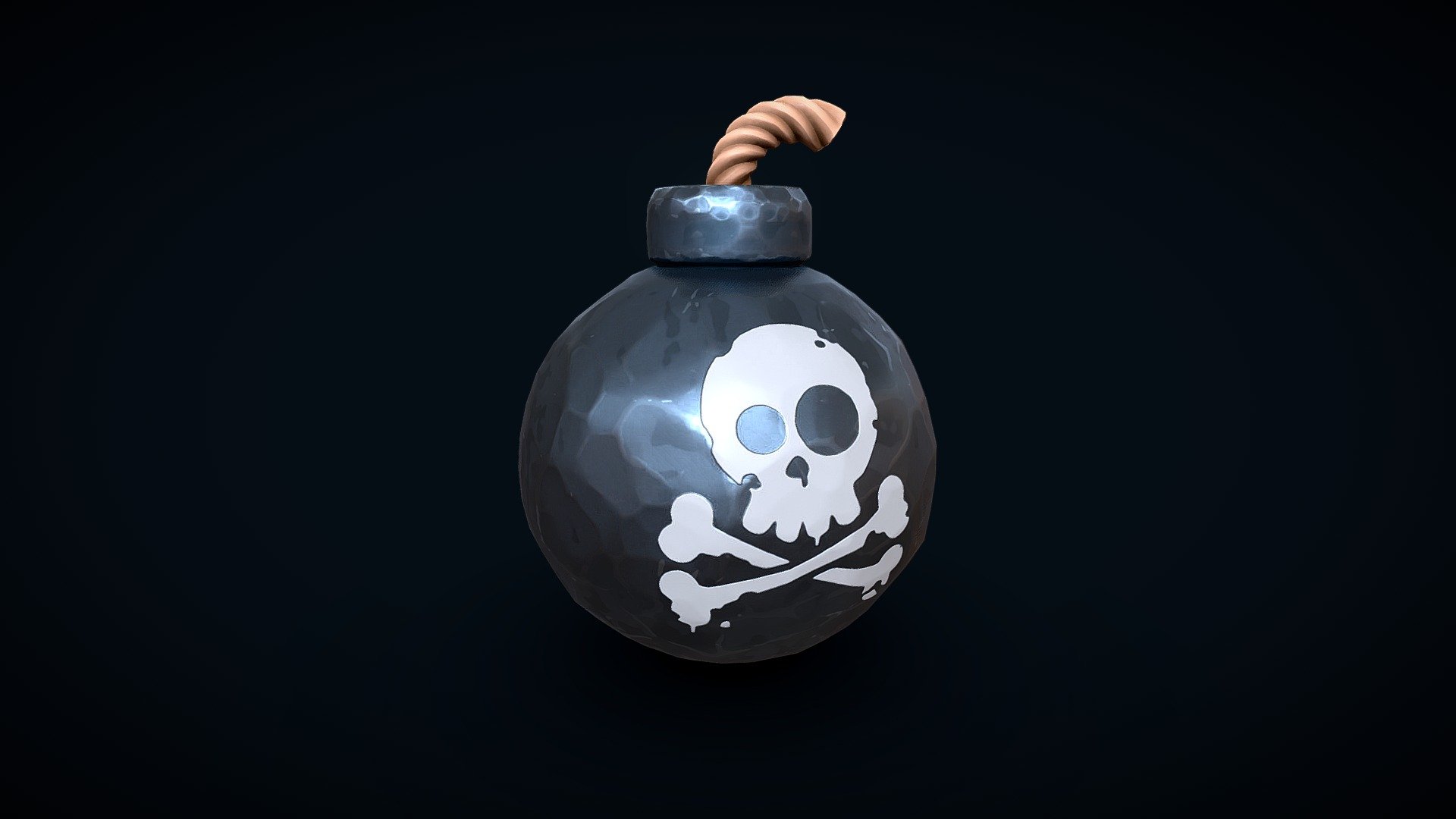 Low-poly model of Stylized Bomb, doesn't contain any ngons, has optimal topology. Archive with textures contains such 2k maps: -Base color map -Metallic map -Normal map (OpenGL) -Roughness map 3d model