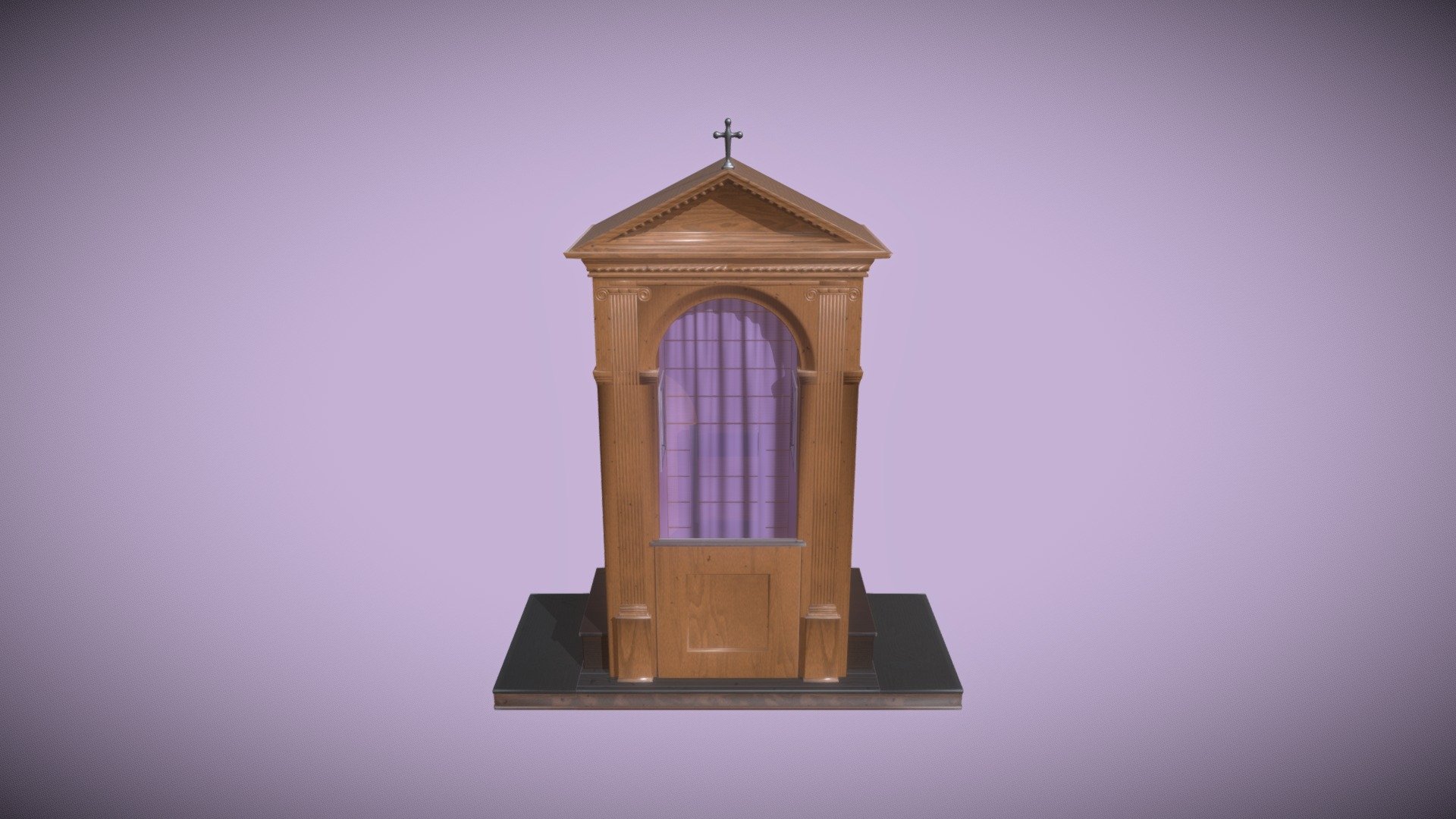 3D model of a confessional cabinet used for confession of penitents. 
Created in Blender 3.5.0.
The whole model is textured, with fully unwrapped UVs. 4096x4096 PNG texture maps are provided (color, roughness, normal, specular, metallic, alpha).
The model consists of 15922 faces and 18507 vertices 3d model