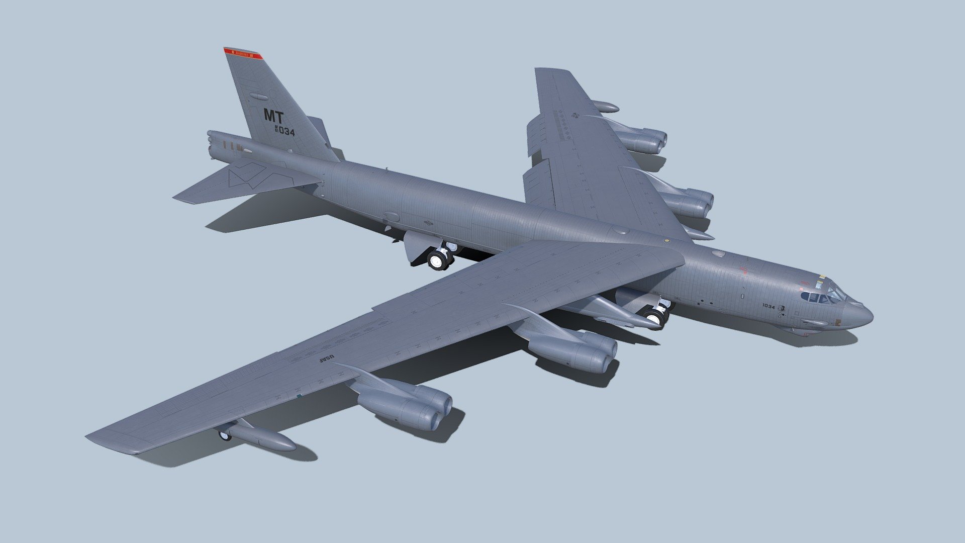 Purchase link is here https://www.artstation.com/artwork/3qqVYD

The Boeing B-52 Stratofortress is an American long-range, subsonic, jet-powered strategic bomber. It has been operated by the United States Air Force (USAF) since the 1950s. The bomber is capable of carrying up to 70,000 pounds (32,000 kg) of weapons, and has a typical combat range of more than 8,800 miles (14,080 km) without aerial refueling.
The B-52H had the same crew and structural changes as the B-52G. The most significant upgrade was the switch to TF33-P-3 turbofan engines.  The ECM and avionics were updated, a new fire control system was fitted, and the rear defensive armament was changed from machine guns to a 20 mm M61 Vulcan cannon (later removed in 1991–94).   The aircraft's first flight occurred on 10 July 1960, and it entered service on 9 May 1961. This is the only variant still in use. A total of 102 B-52Hs were built. The last production aircraft, B-52H AF Serial No. 61-0040, left the factory on 26 October 1962 3d model