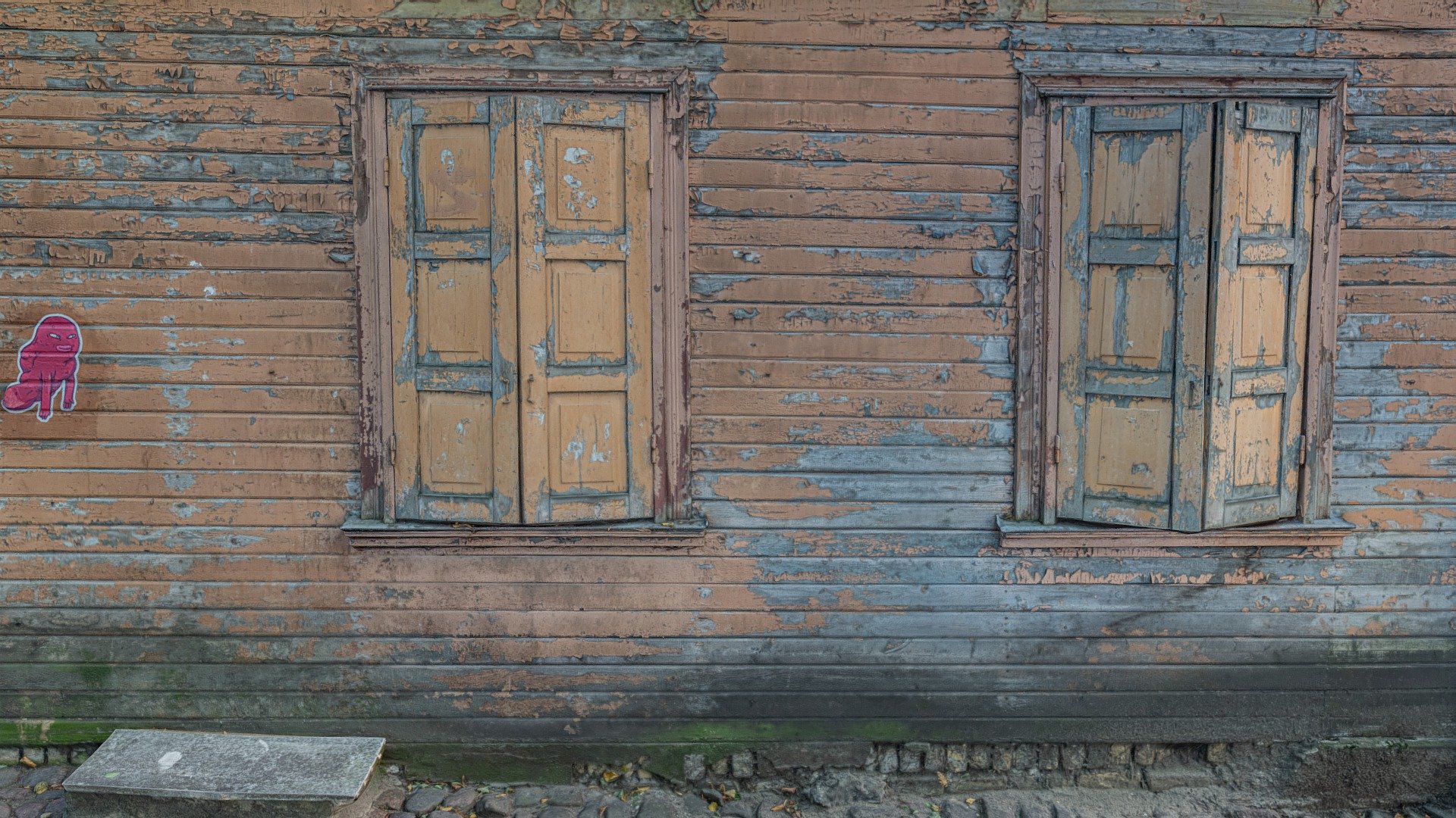 3D scan of an old, wooden building wall with two closed windows. 
With normal map.
Original, RAW photos also available 3d model