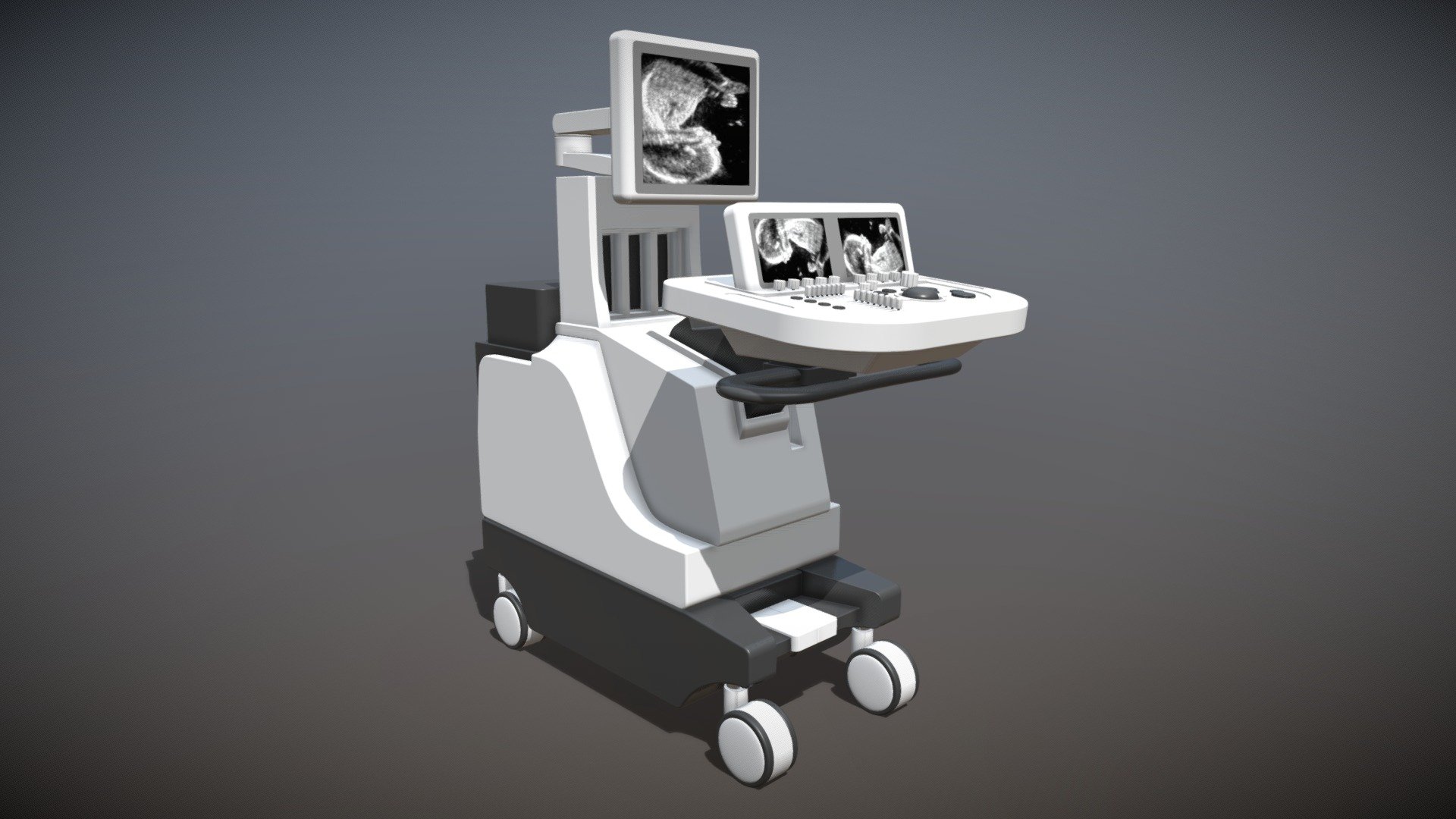 This is a standard hospital forniture, exactly a ultrasound with two monitors and an additional rotatable monitor 3d model