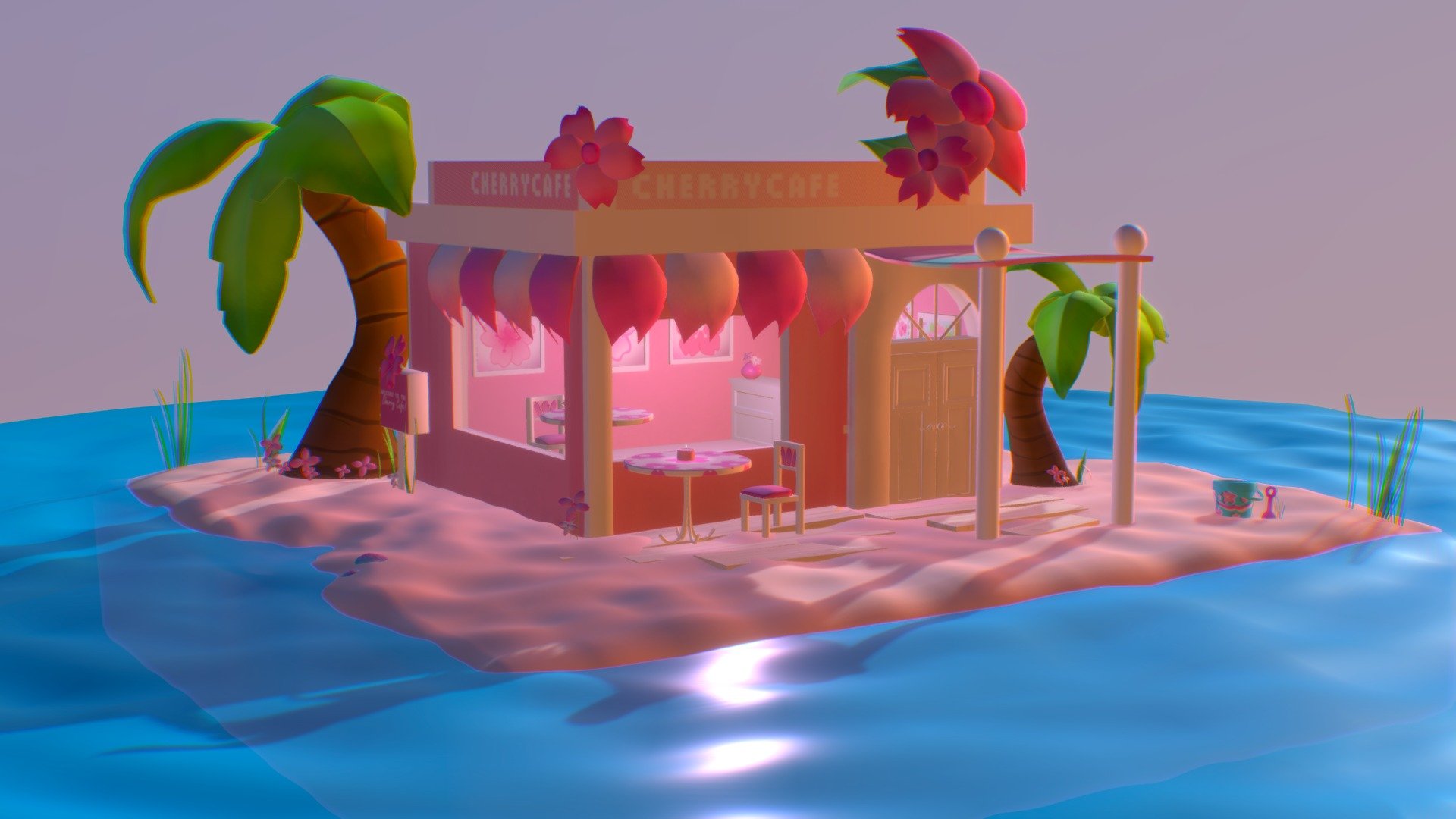 🌸 Welcome to the Cherry Café~! A little café surrounded by the sea, inspired by cherry blossom flowers.🌸

A personal assignment I created for a final school project. At the beginning of the semester, I began with simple drawings of diarama designs and ended up choosing this design to transform into a 3D model. I was so excited to see how I could work with this in sketchfab and I'm happy with the result. I am so thankful to have had mentorship throughout the course of this project. I received so much helpful feedback from my professors when it came to design, lighting, presentation, and so on 3d model