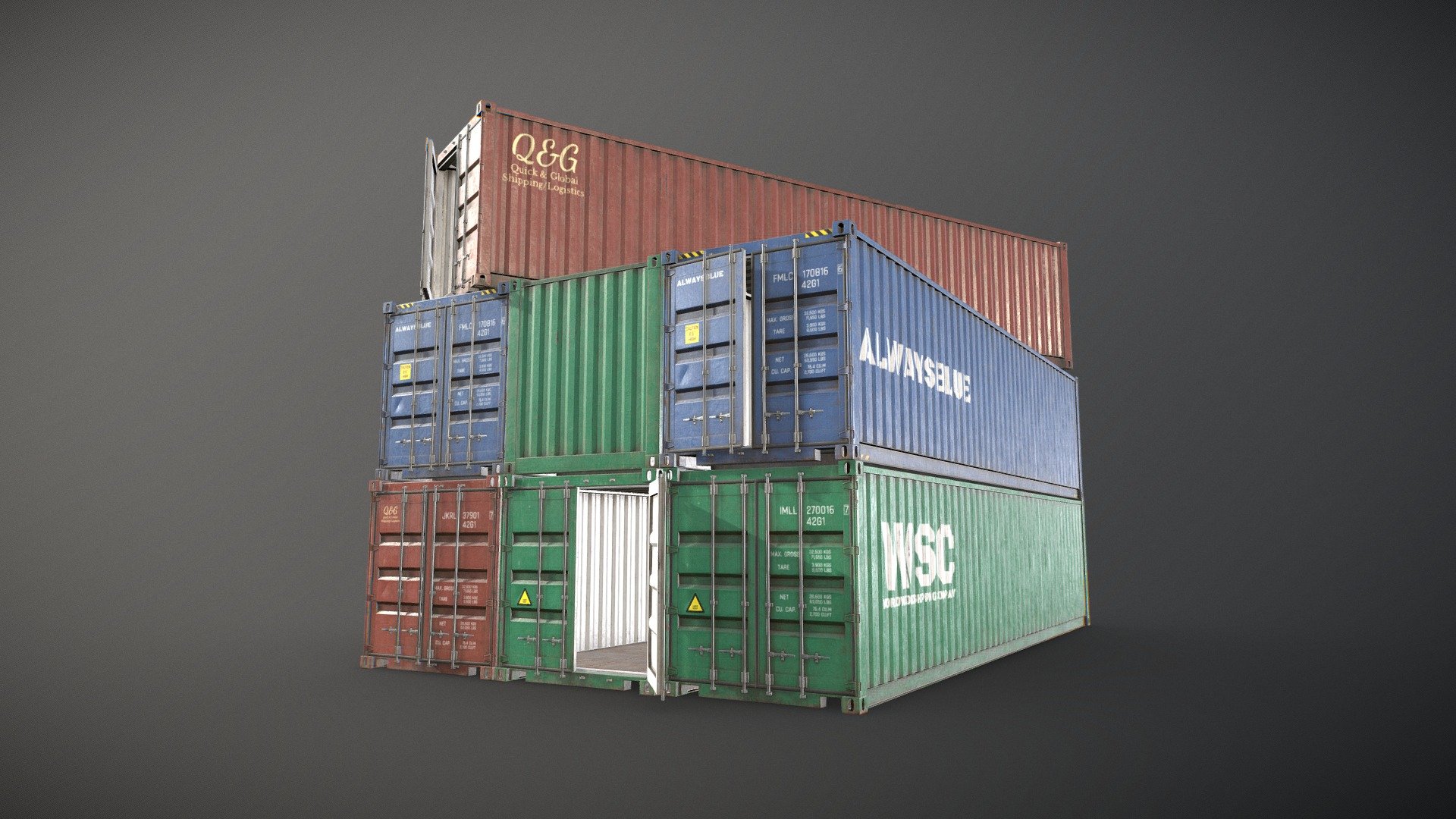 Game-Ready 3D model of a generic 40 feet Shipping Container with 3 different colors:




Real-world scale and centered.

The unit of measurement used for the model is centimeters

Approx. dimensions: Lenght - 1220cm / Height: 260cm / Width: 240cm

Low Poly: 3533 Polys (6524 tris) each

Doors are separated and can be easily rigged/animated.

PBR textures made in Substance Painter

All branding and labels are custom made.

Second uv channel included for lightmaps.

Packed ORM textures included for Unreal.

Maps sizes: 




Container: 4096x4096

Container Interior: 4096x4096

Provided Maps:




Albedo

Normal

Roughness

Metalness

AO

Formats Incuded - MAX / BLEND / OBJ / FBX 

This model can be used for any game, film, personal project, etc. You may not resell or redistribute any content - Shipping Container - Low Poly - Buy Royalty Free 3D model by MSWoodvine 3d model