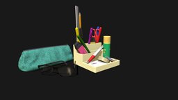 Low Poly Stationery | Game Assets pencil, scissors, unreal, pendant, glasses, game-ready, ruler, eraser, stationery, office-supplies, unity, pbr, lowpoly, paper-clip, pen-organizer